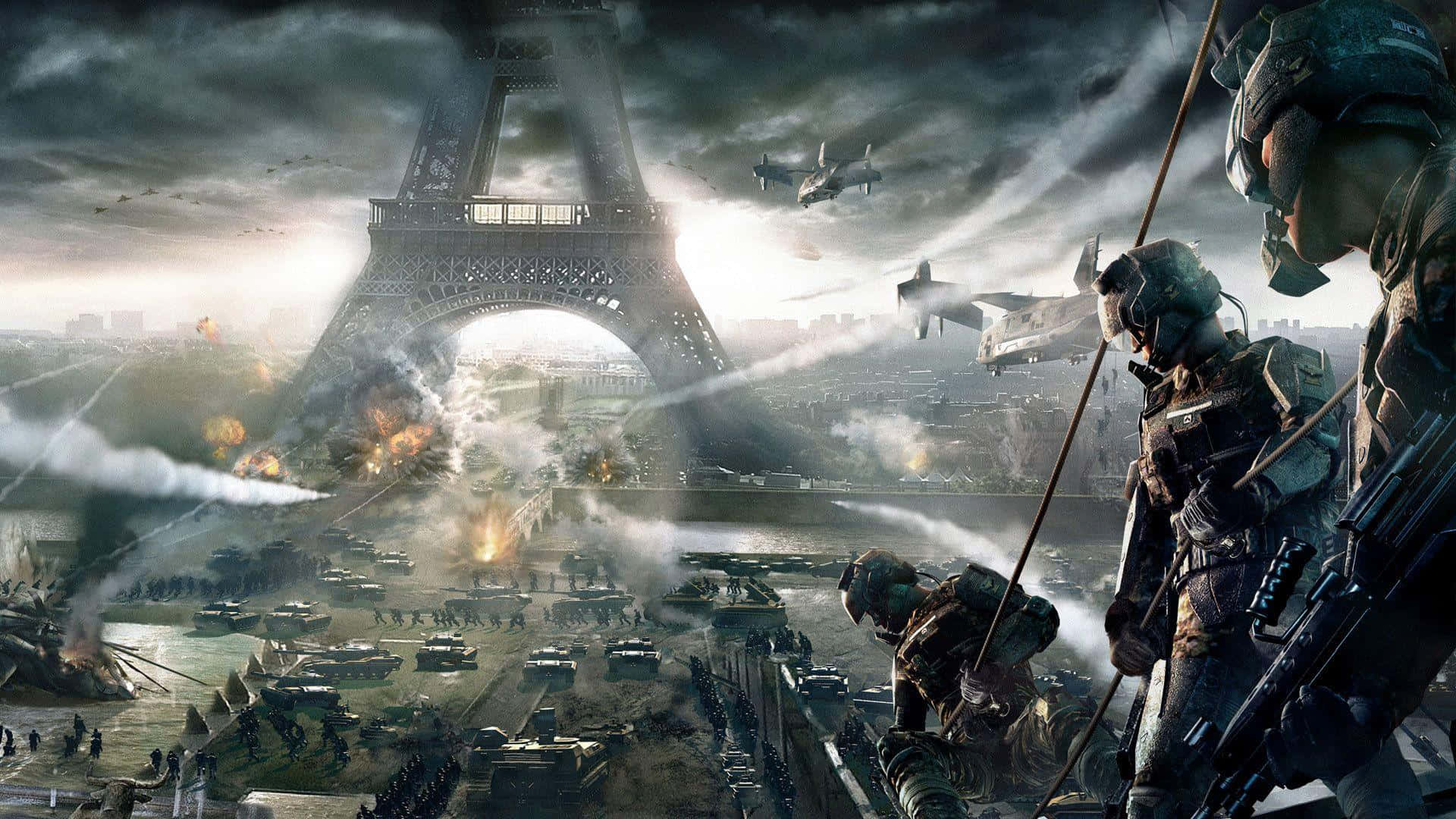 Pixel Eiffel Tower Soldiers Game Wallpaper