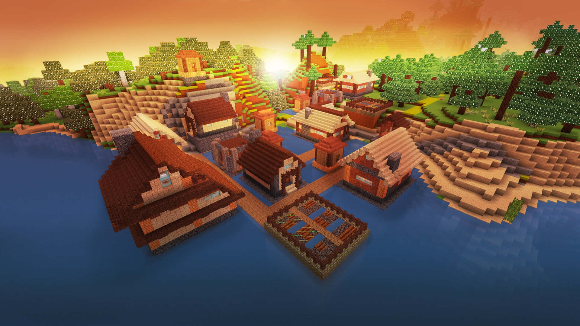 A Minecraft Village With A Sunset