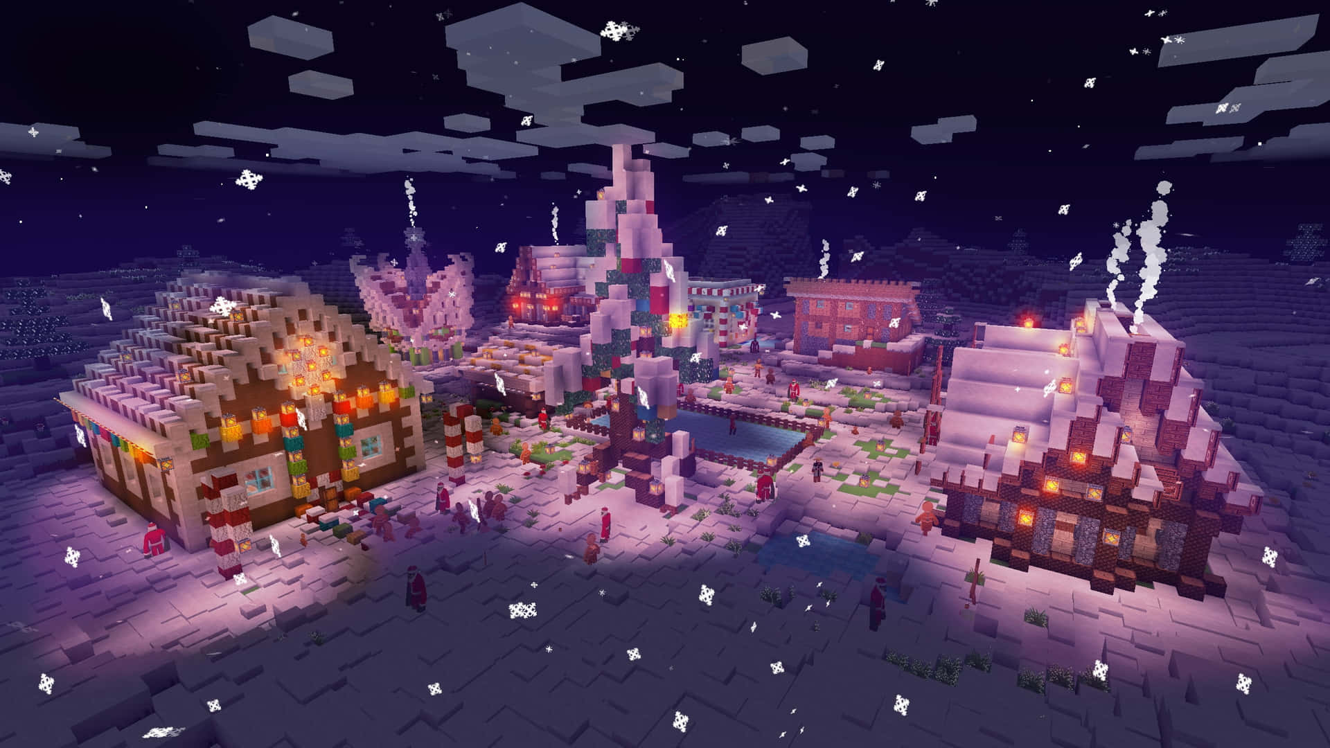 A Minecraft Village With Snow And Lights
