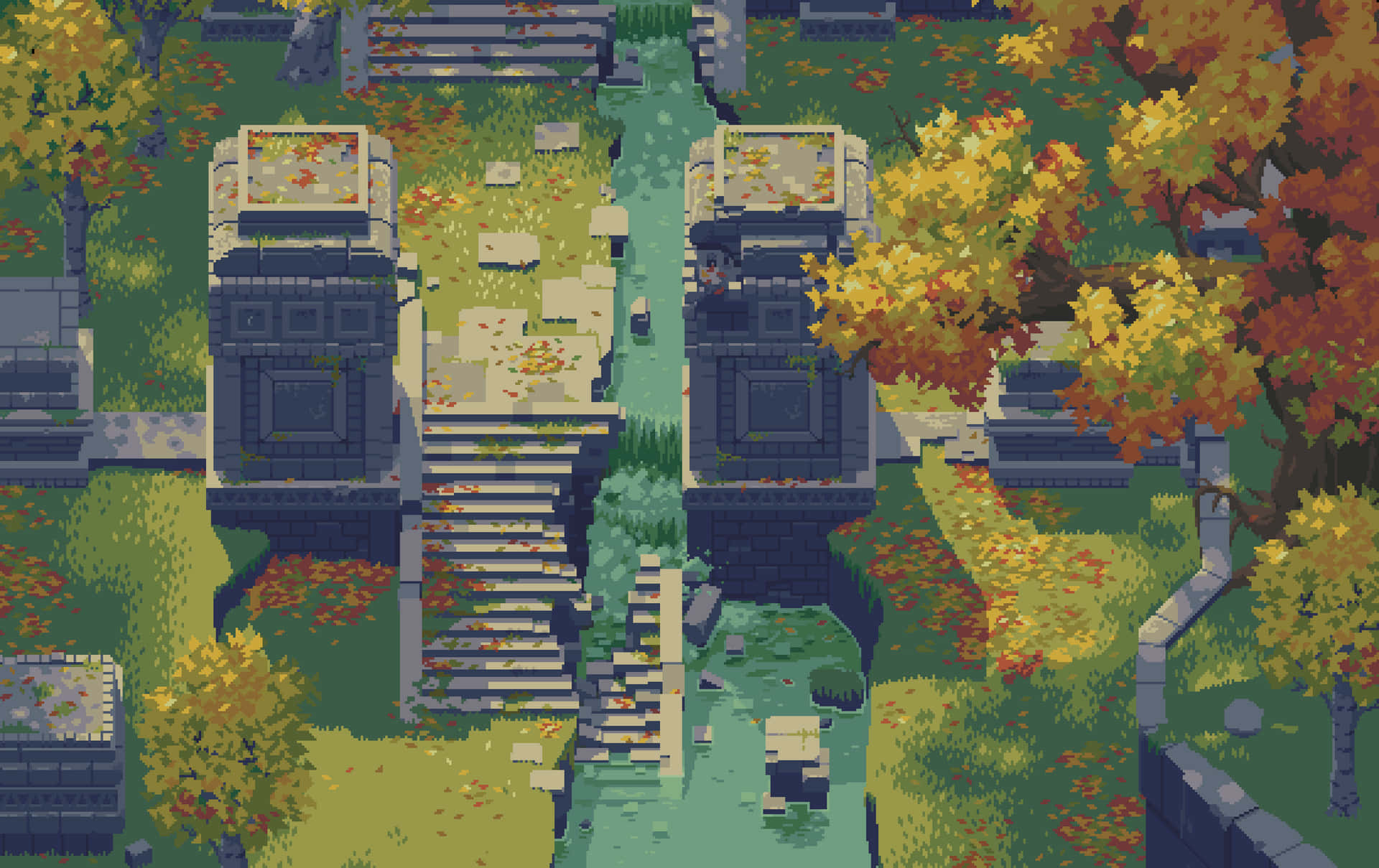 Pixelkunst af en by om efteråret Wallpaper