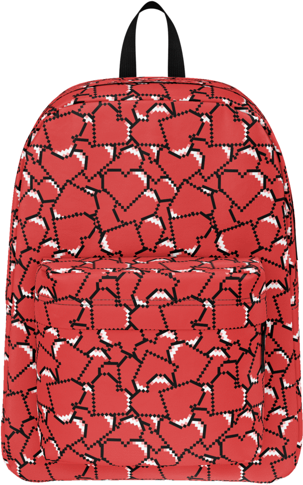 Pixel Heart Pattern Backpack PNG — A red backpack covered in a pixelated heart pattern with black and white accents against a plain background.