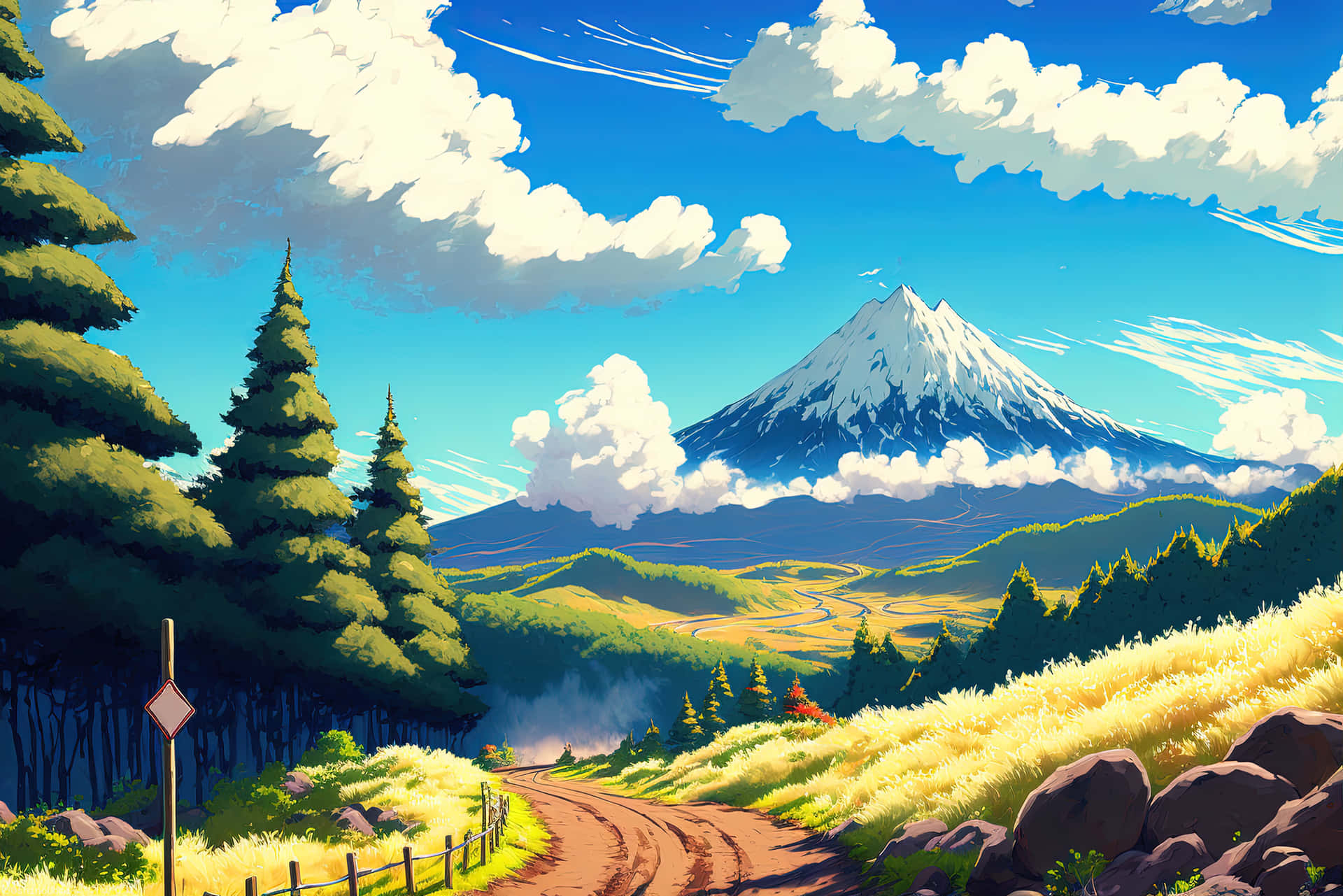 Lush meadows and pixelated mountains span the horizon in this peaceful landscape. Wallpaper