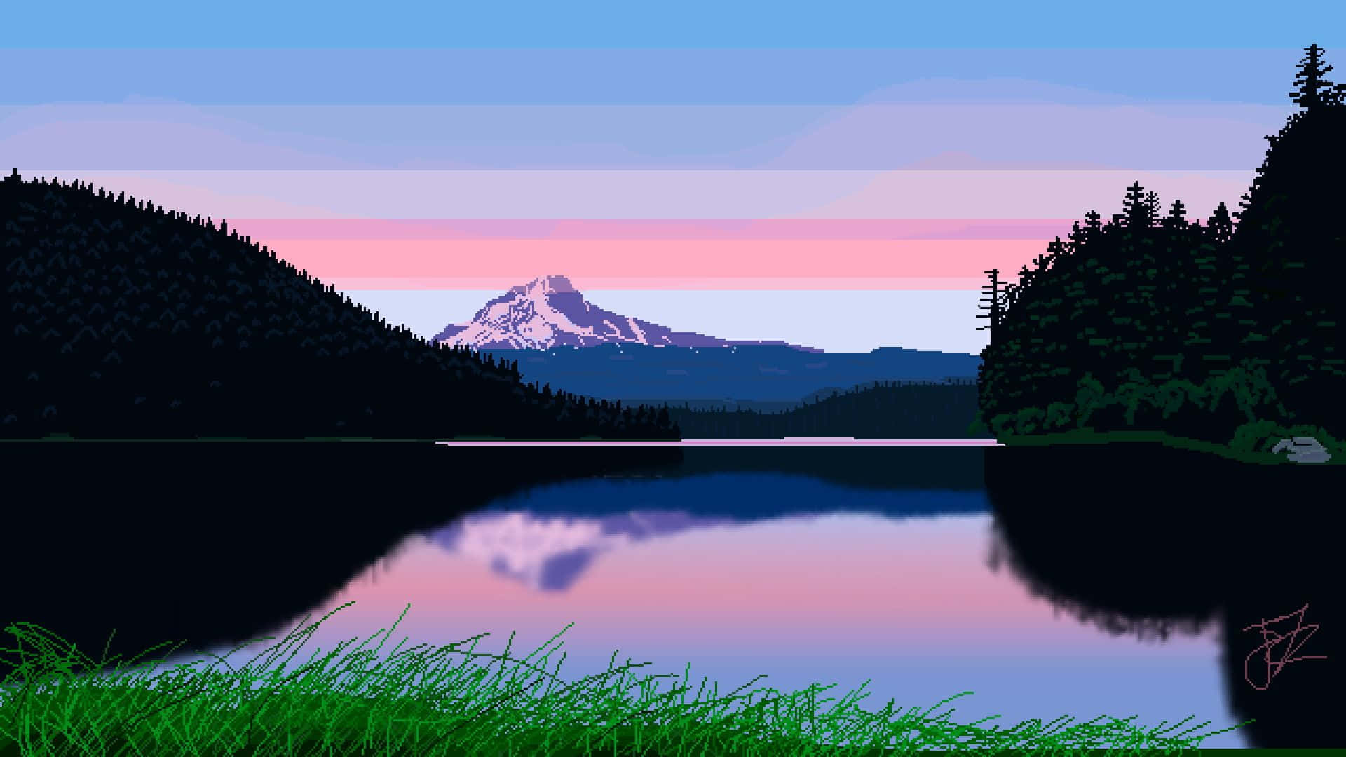 Take a journey into this surreal pixel landscape Wallpaper