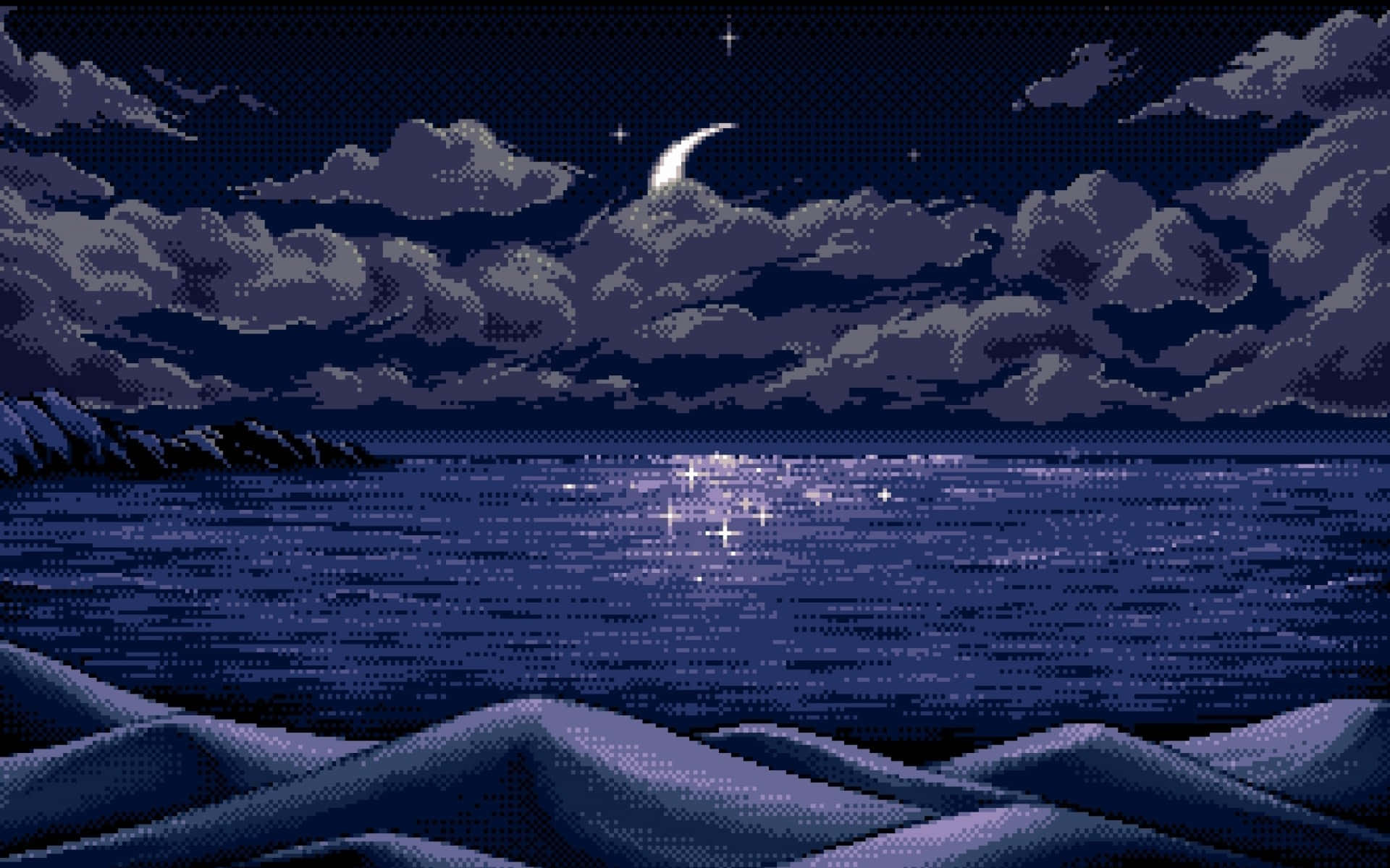 A Pixel Art Image Of The Ocean And Moon Wallpaper