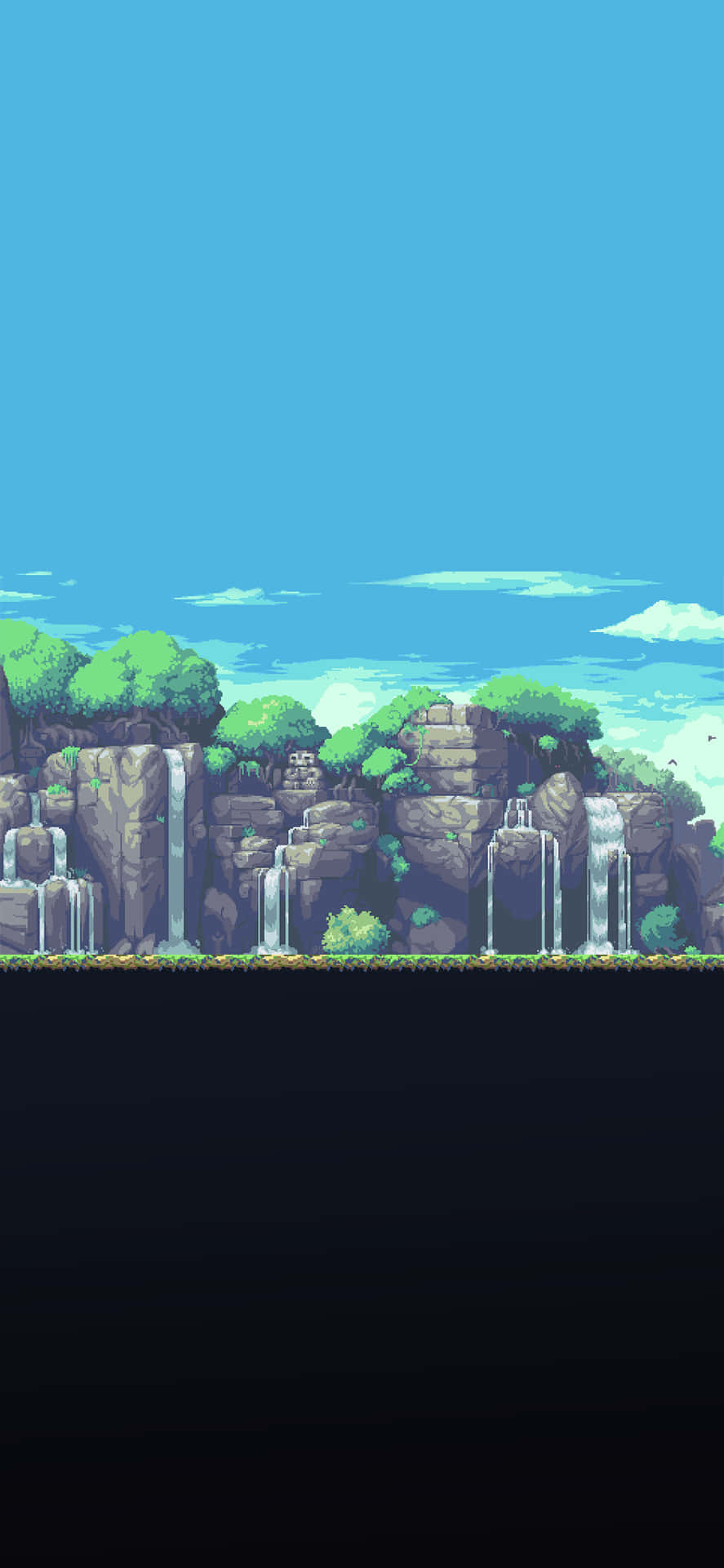 En pixel landskab med en vandfald og træer Wallpaper
