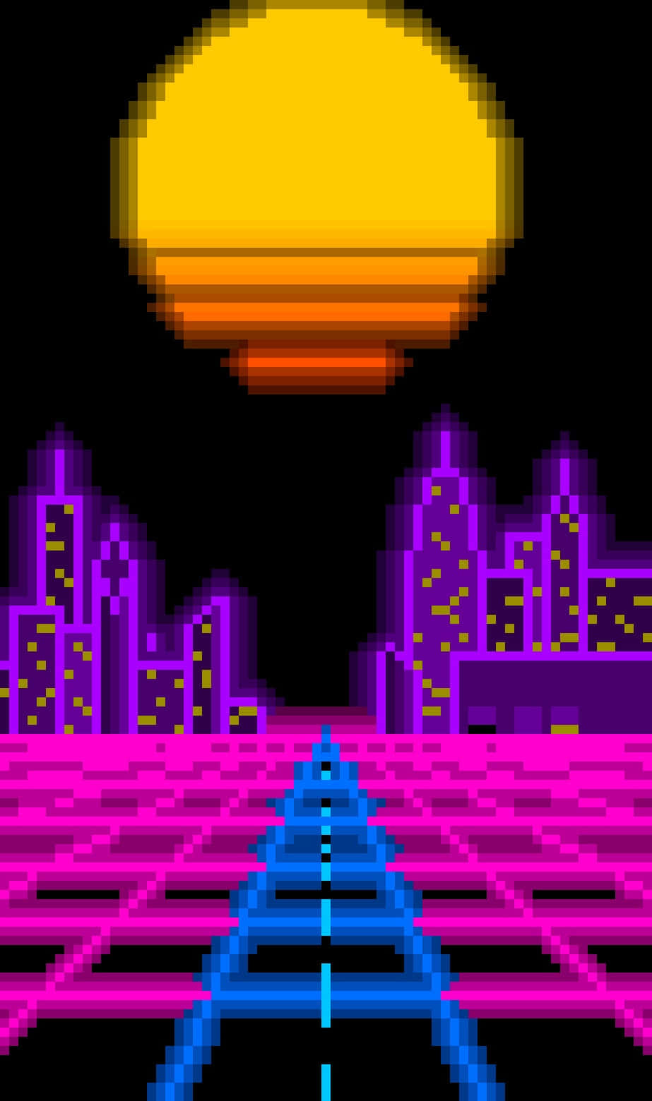 Et pixel-billede af en by med en neon-skyline Wallpaper