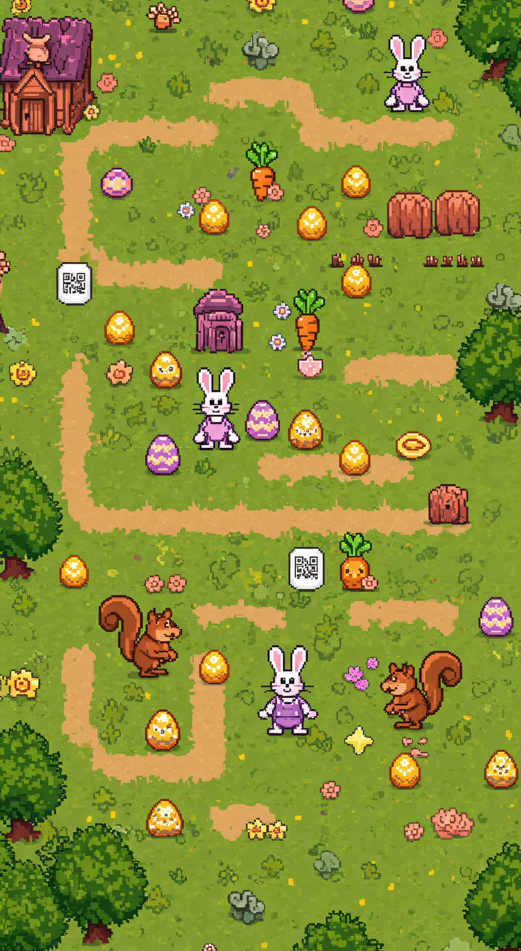 Pixel-style Bunny Hops Across A Game Map Collecting Eggs While Dodging Cute But Tricky Enemies Wallpaper