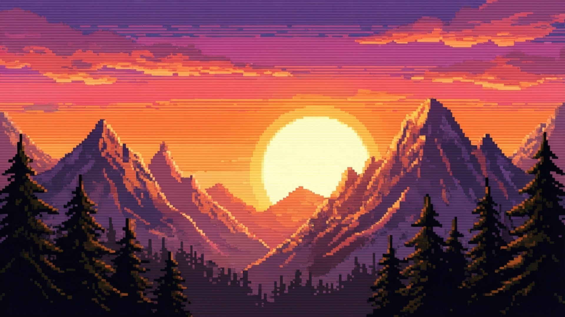 Pixel Coucher de Soleil Montagnes Fonds d'écran — Un paysage vibrant de pixel art de coucher de soleil avec montagnes et ciel dégradé.