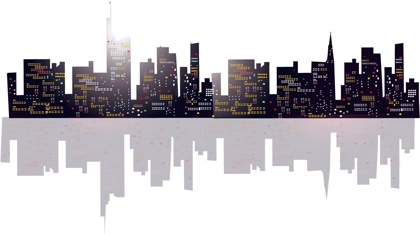 Pixelated City Skyline Reflection PNG