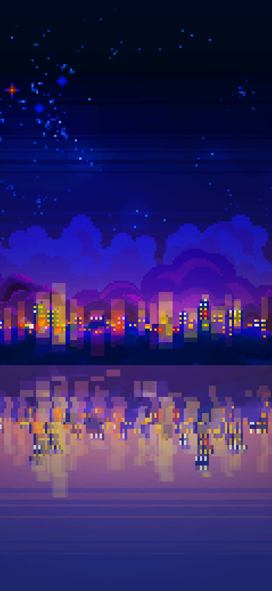 Pixelated Cityscape Night Reflection Wallpaper