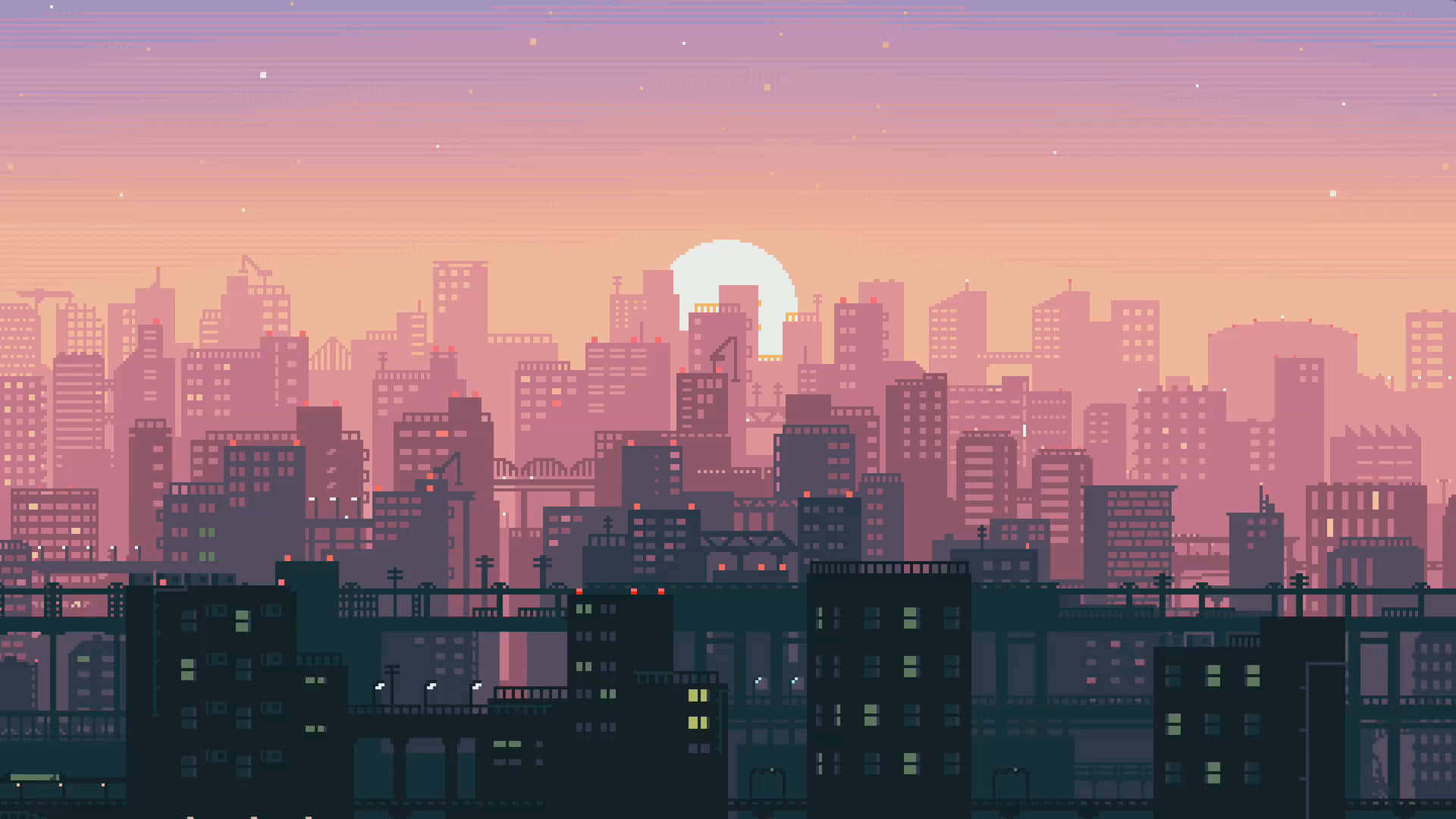 Pixelated Cityscape Sunset Wallpaper