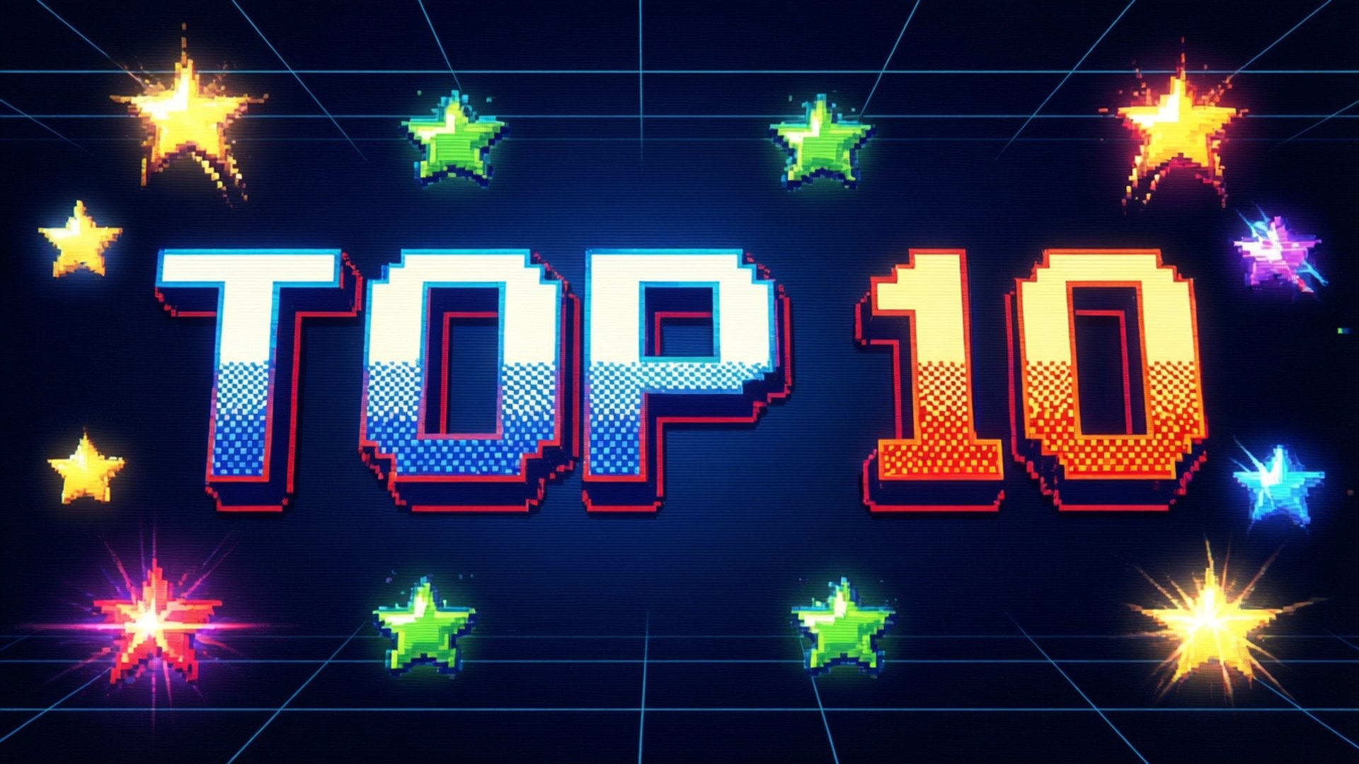 Retro arcade top 10 with pixel numbers and stars