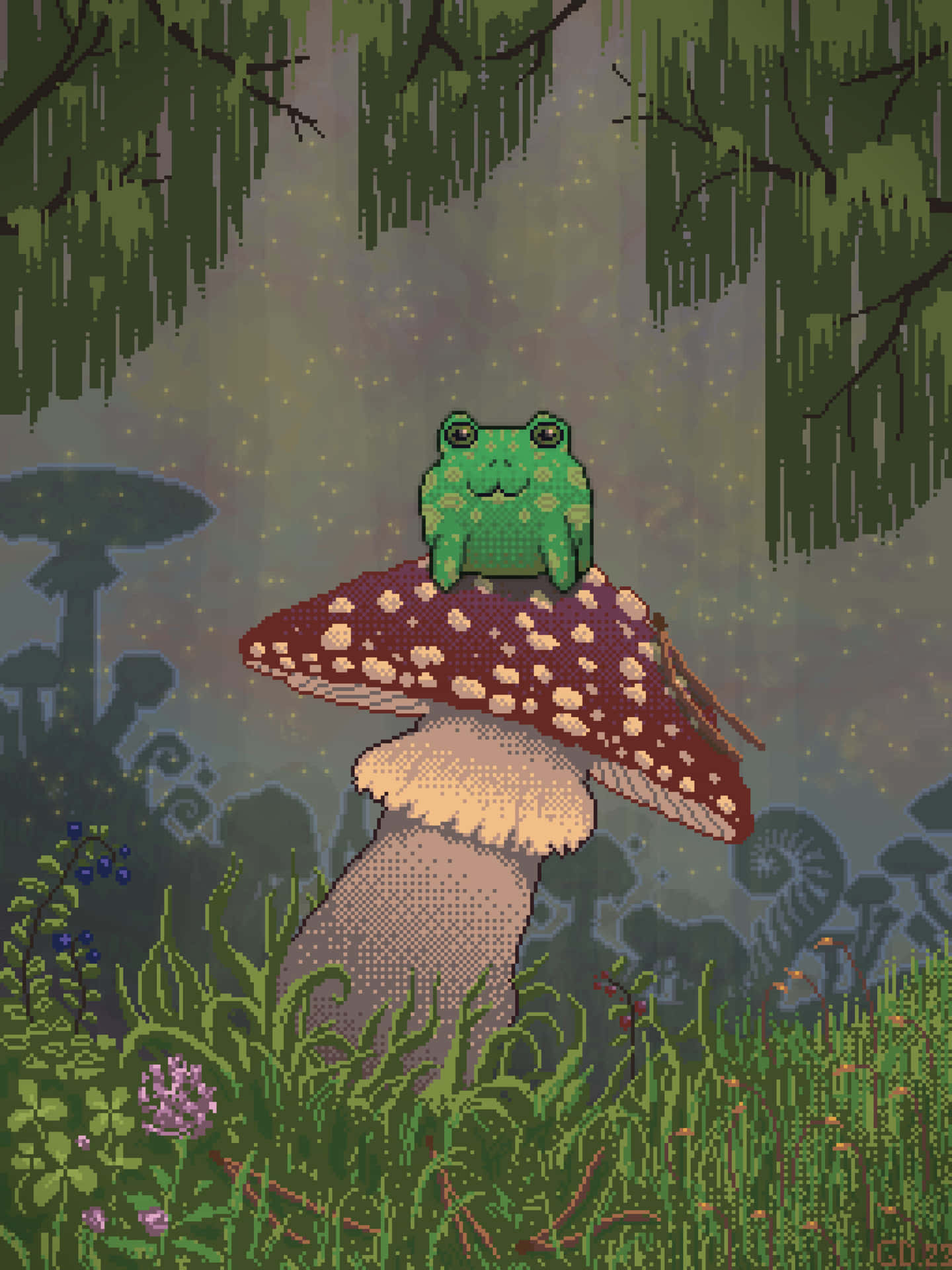 Katak Pixel Di Atas Jamur Di Hutan Wallpaper