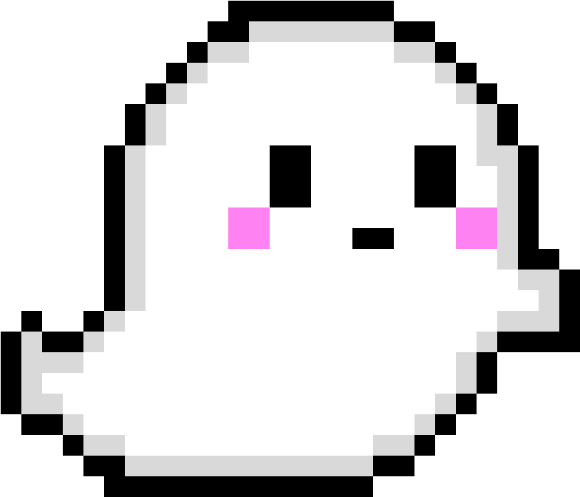Pixelated Ghost Graphic PNG — A cute pixelated ghost with pink cheeks and black eyes floats against a black background.