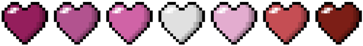 Pixelated Hearts Gradient Array PNG — A row of pixelated hearts in gradient shades from magenta to deep red against a black background.