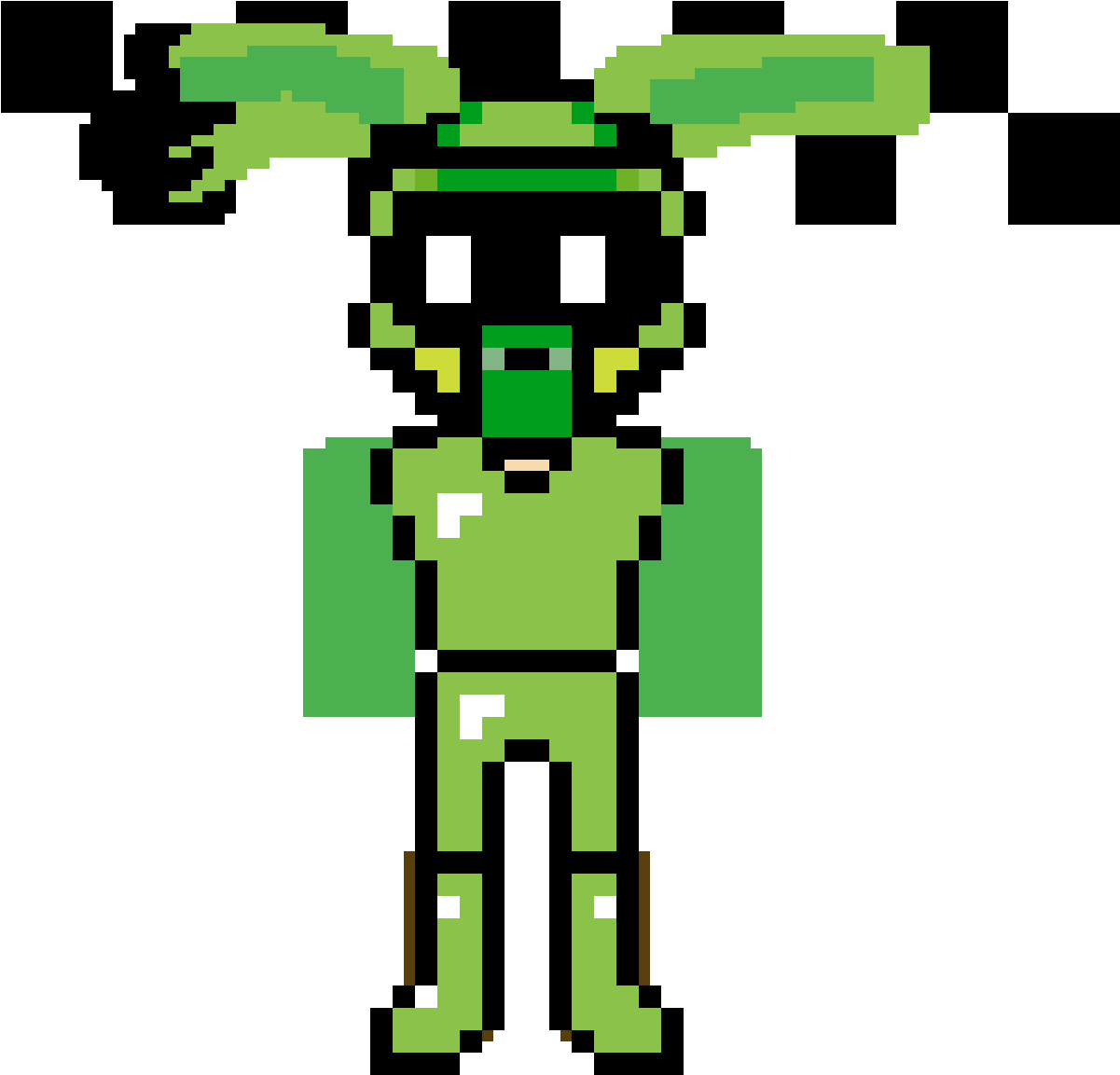 Pixelated green rabbit character with long ears and green outfit on checkered background