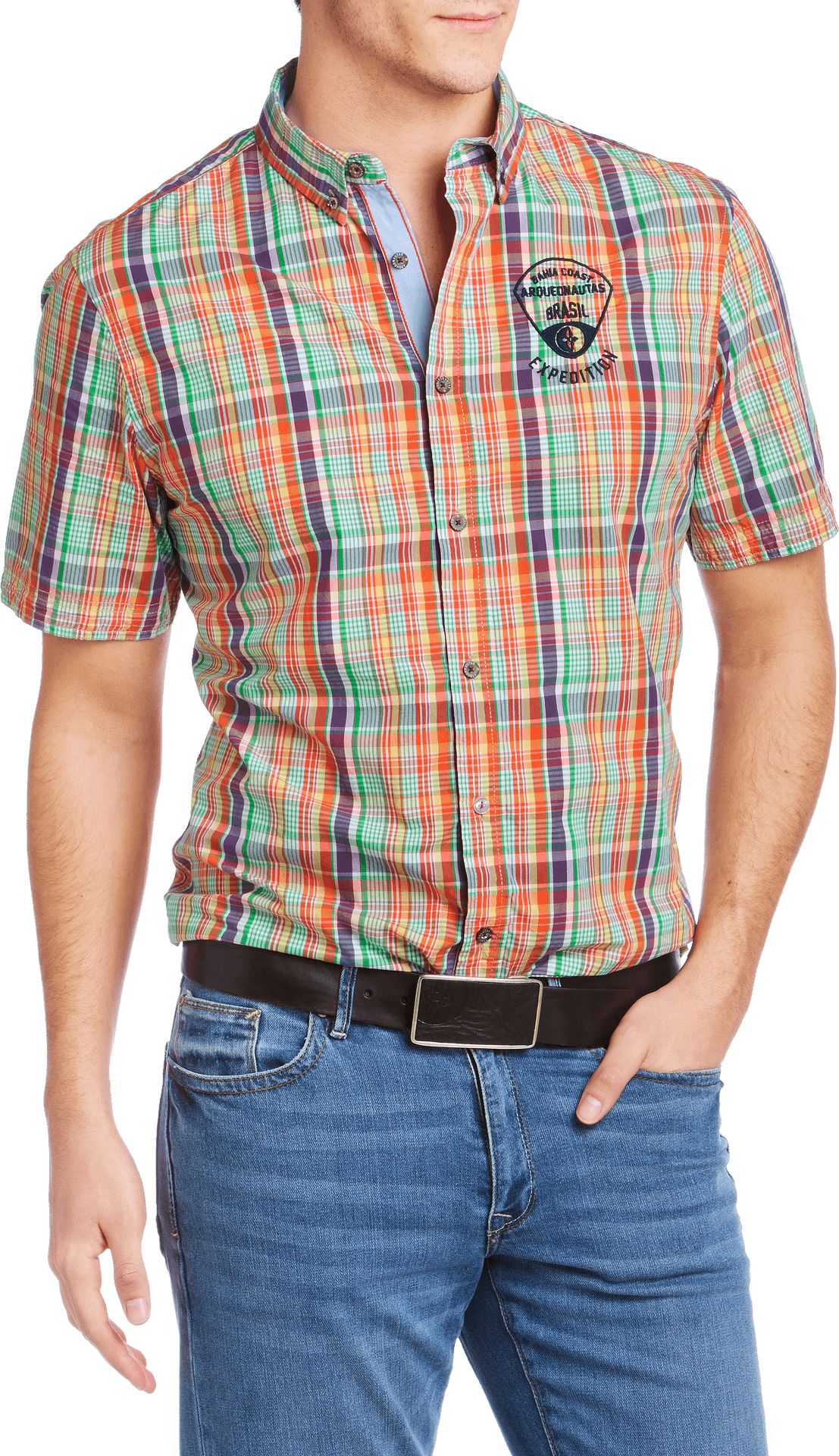 Plaid Short Sleeve Shirt Men PNG