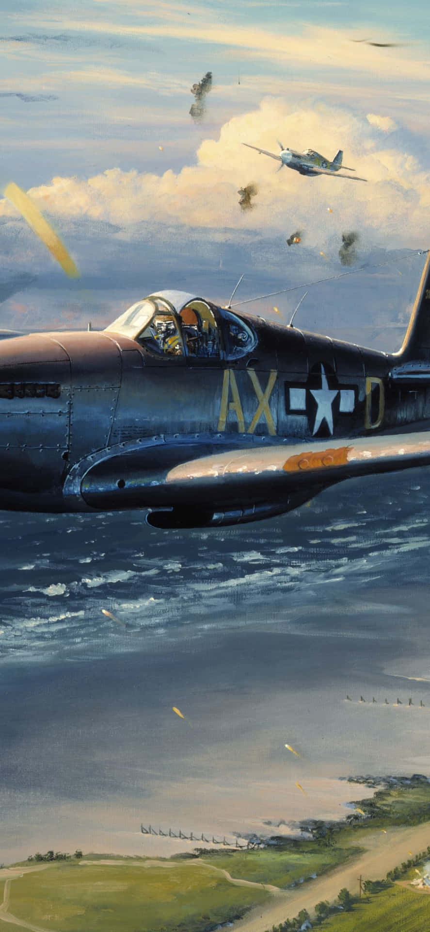 Et maleri af et kampfly der flyver over havet Wallpaper