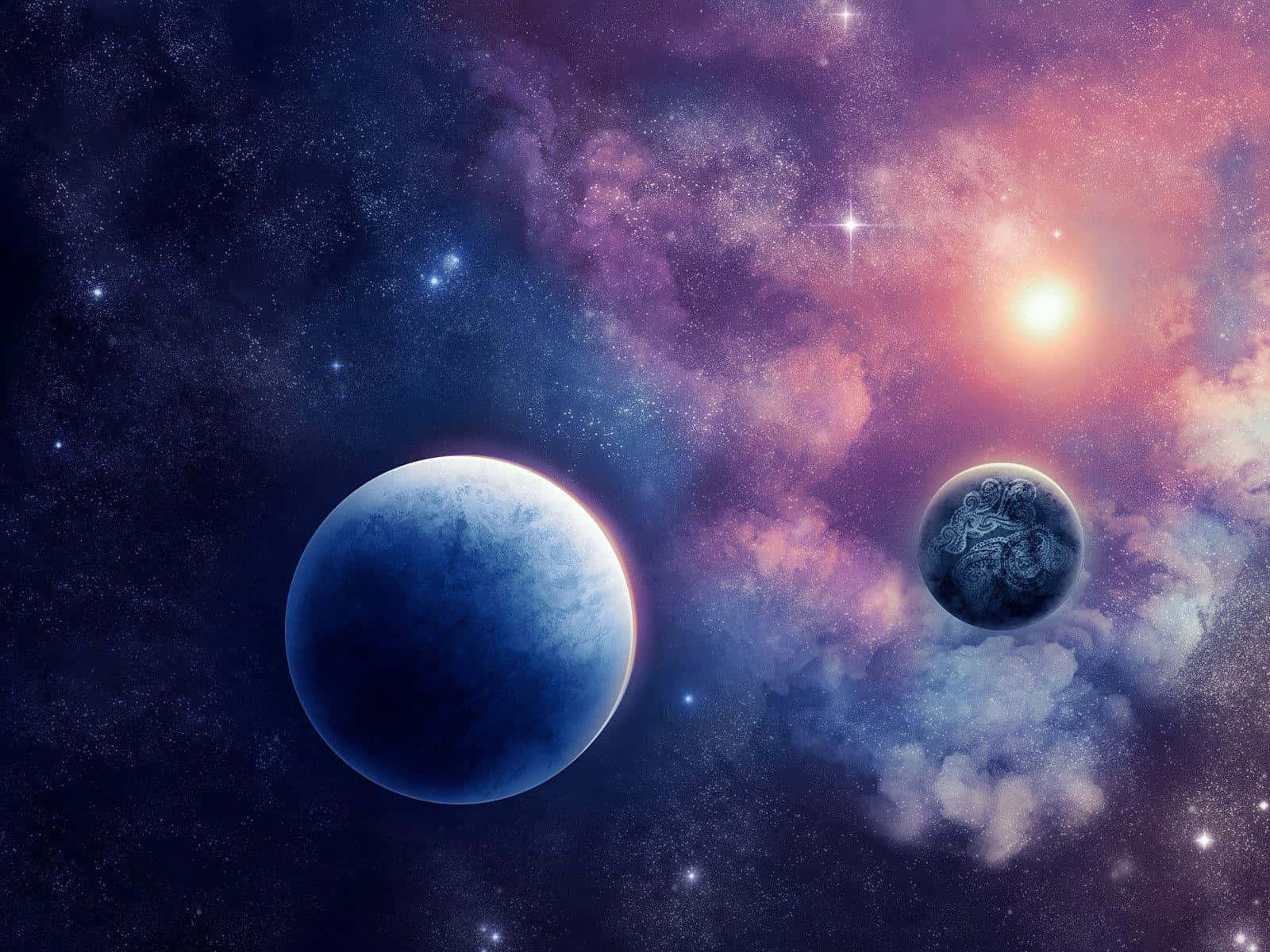 Umespaço Com Dois Planetas E Estrelas