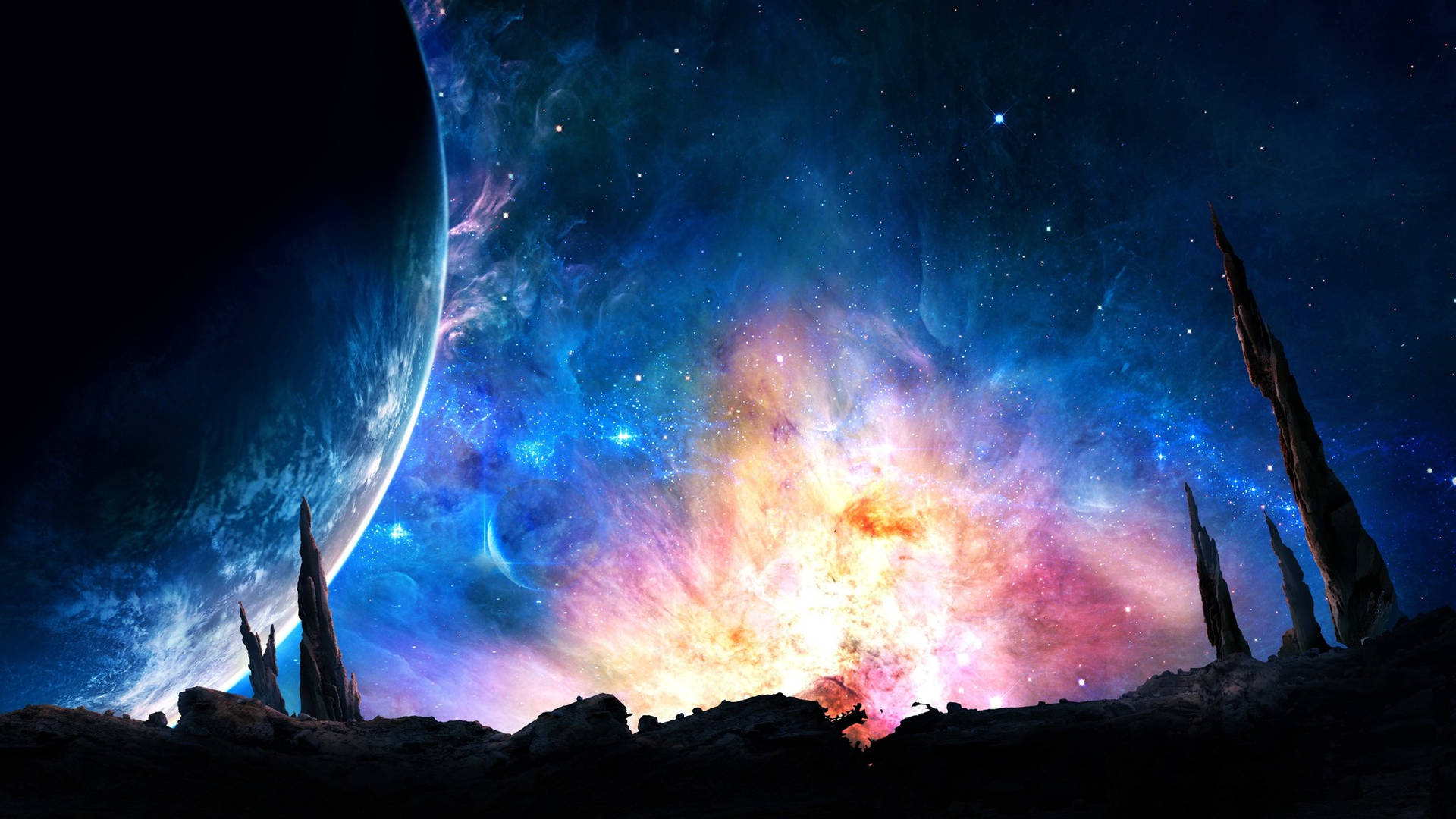 Planet Rocks In Nebula Sky