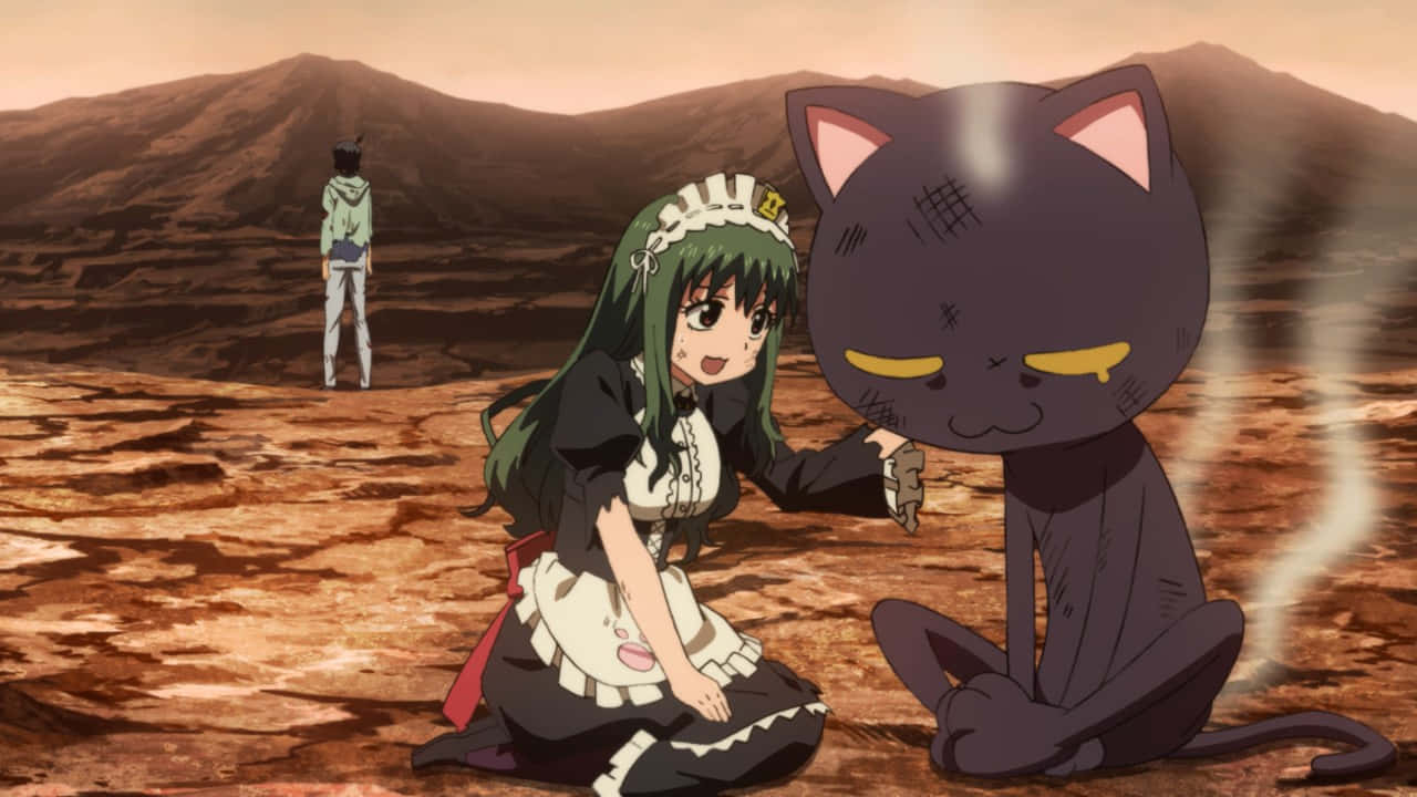 Planet With Maidand Cat Character Wallpaper