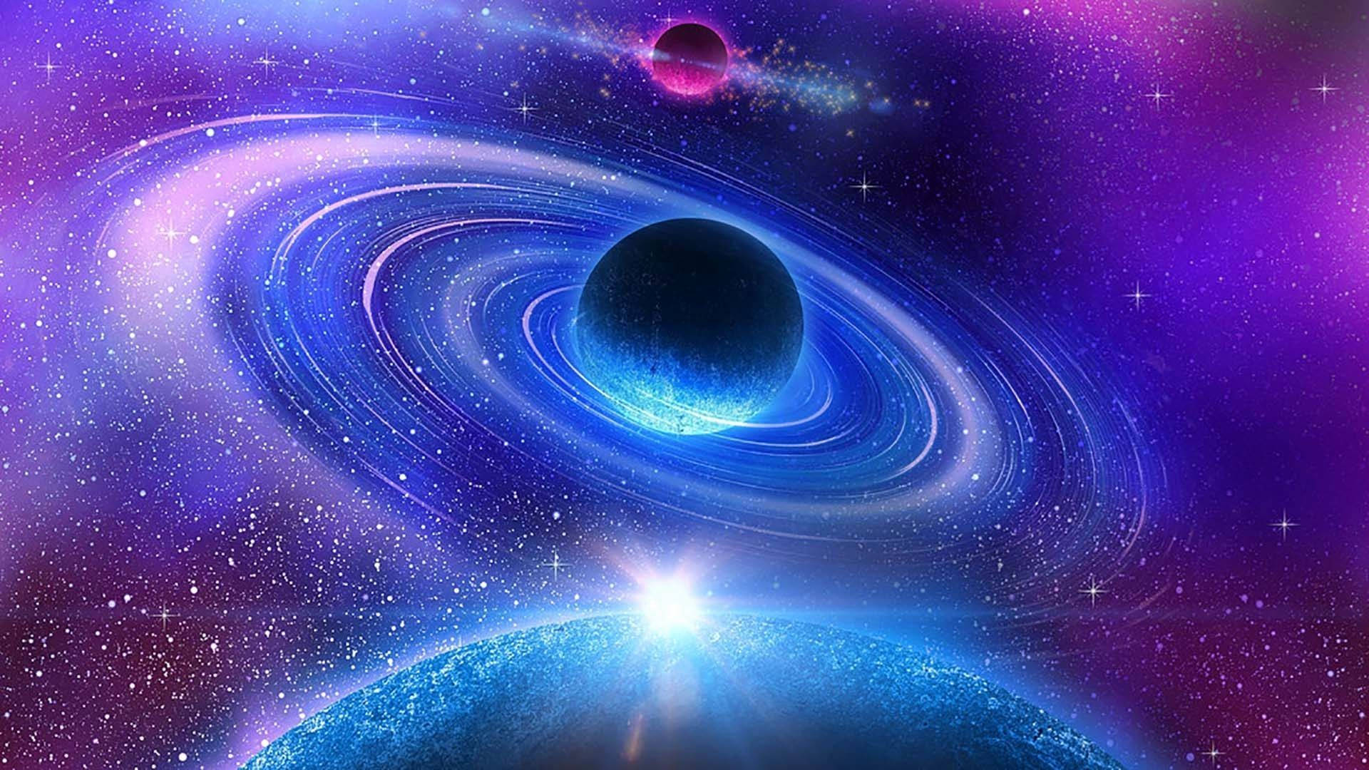 Planet With Rings On Galaxy Background