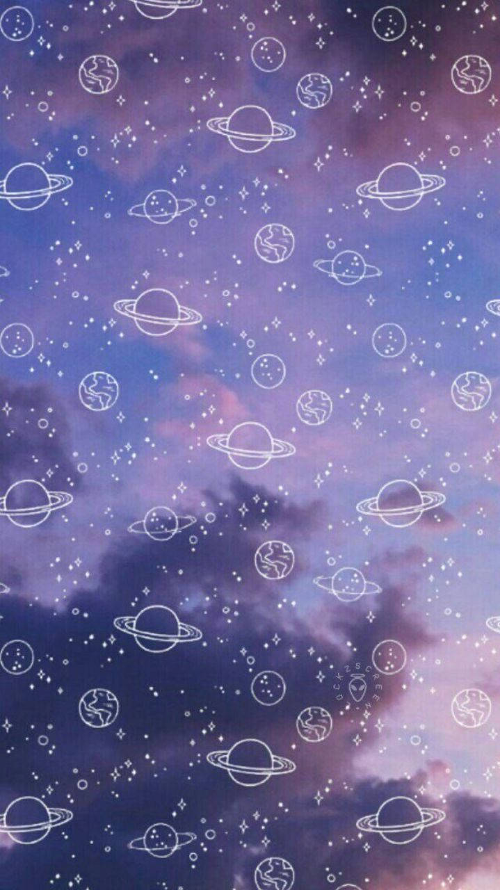 Planets And Stars On Purple Aesthetic Sky