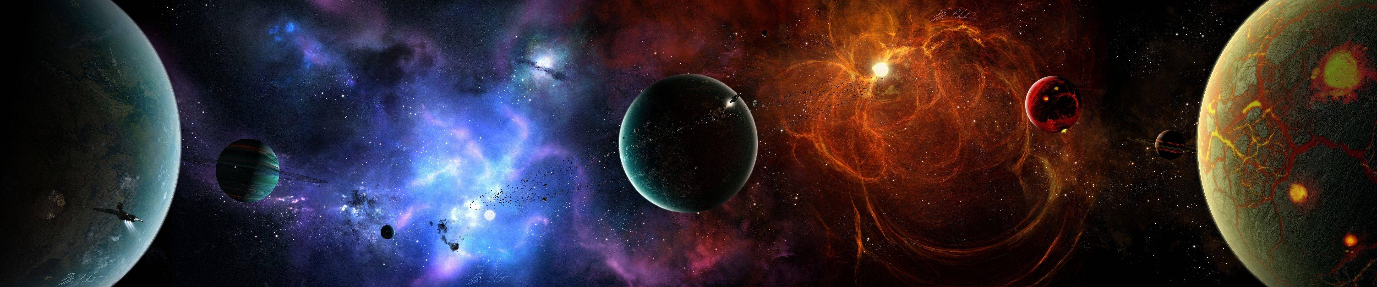 Planetenim Weltall Auf Drei Bildschirmen Wallpaper