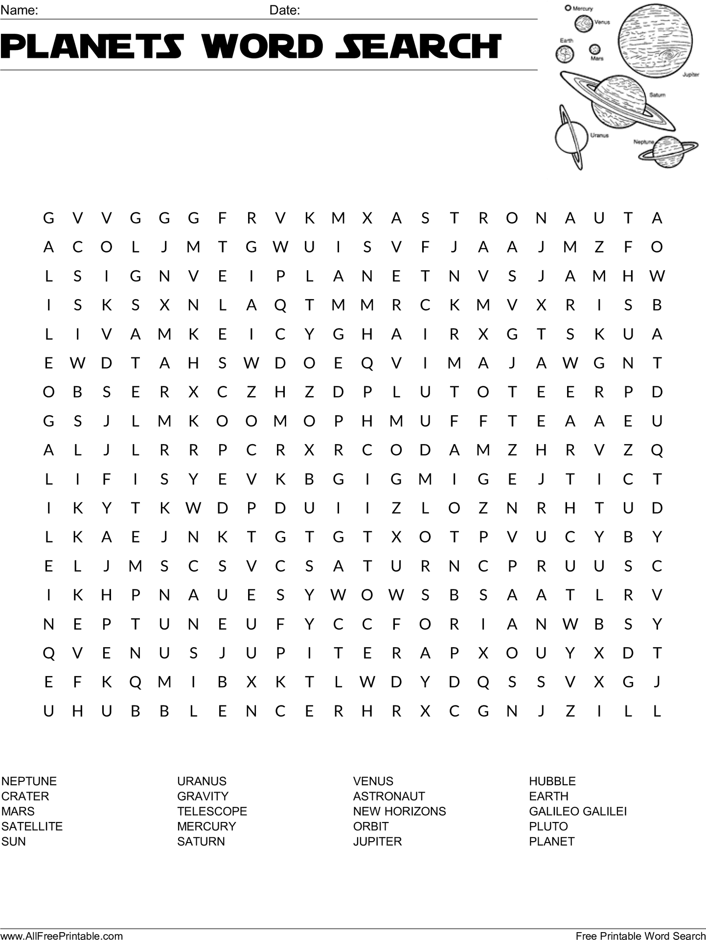 Planets Word Search Puzzle PNG