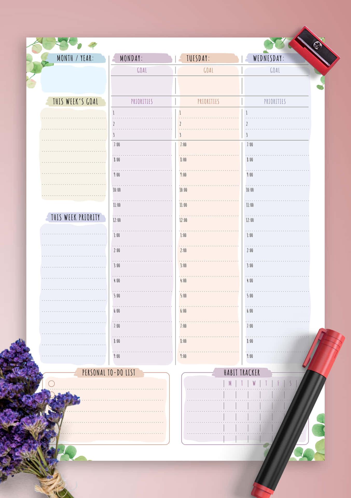 A Printable Planner With Purple Flowers And A Pen