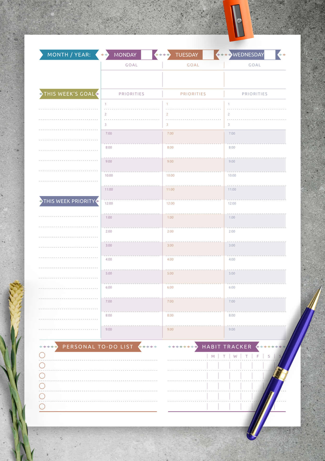 Printable Weekly Planner With A Pen And Pencil