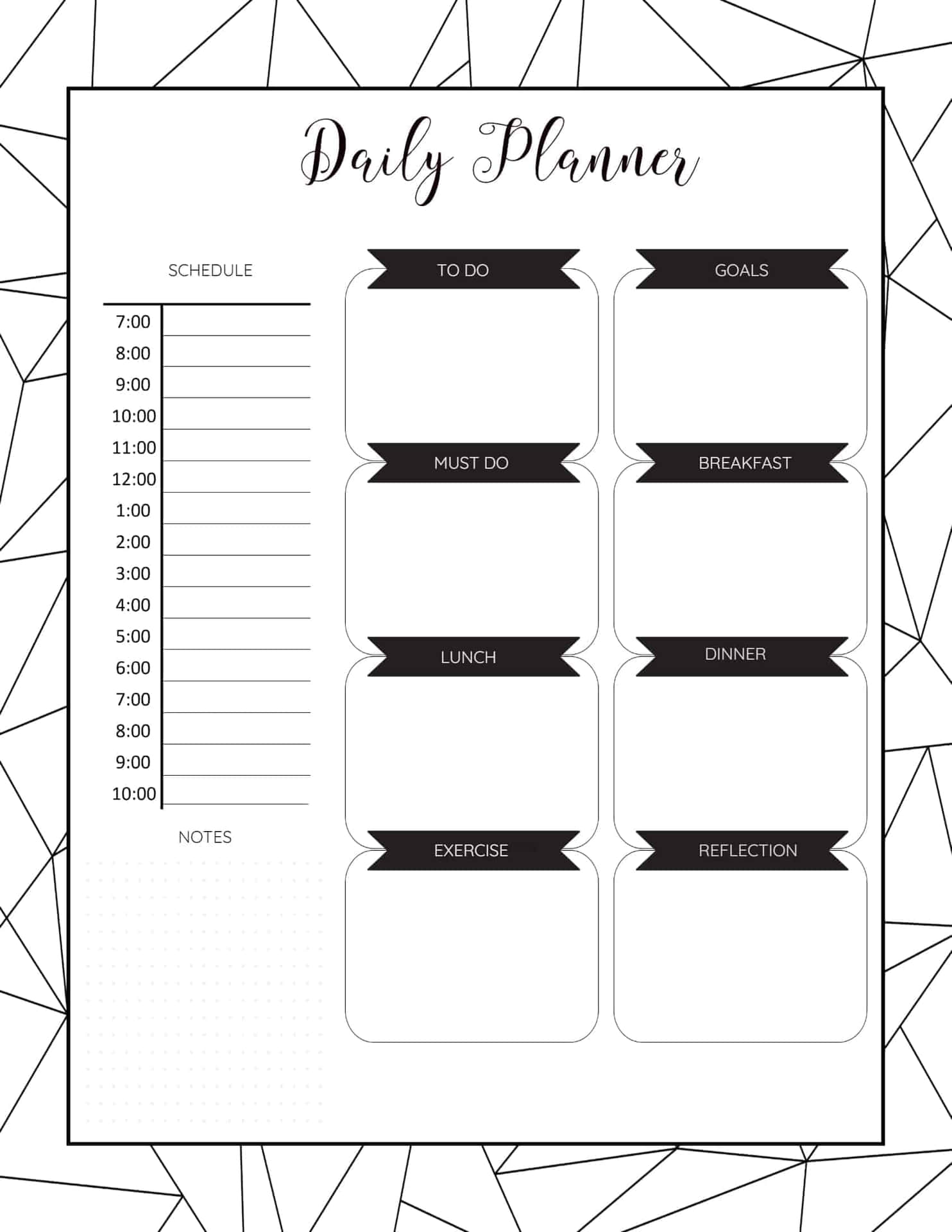 Daily Planner Template With Black And White Geometric Pattern