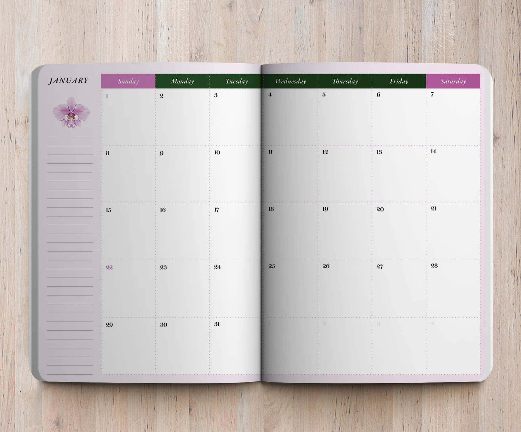 A Pink And Green Calendar With A Pink Flower