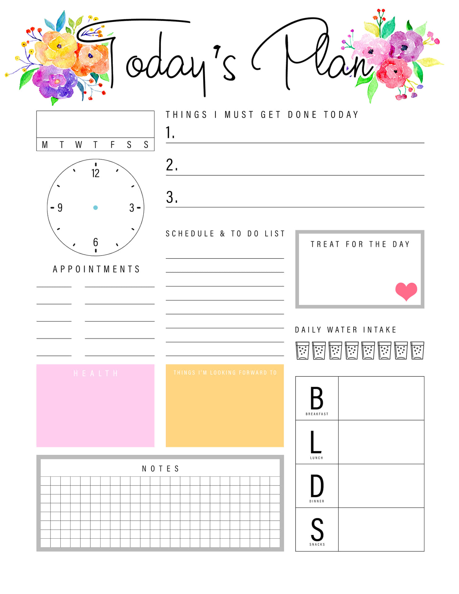 Printable Planner With Flowers And A Clock