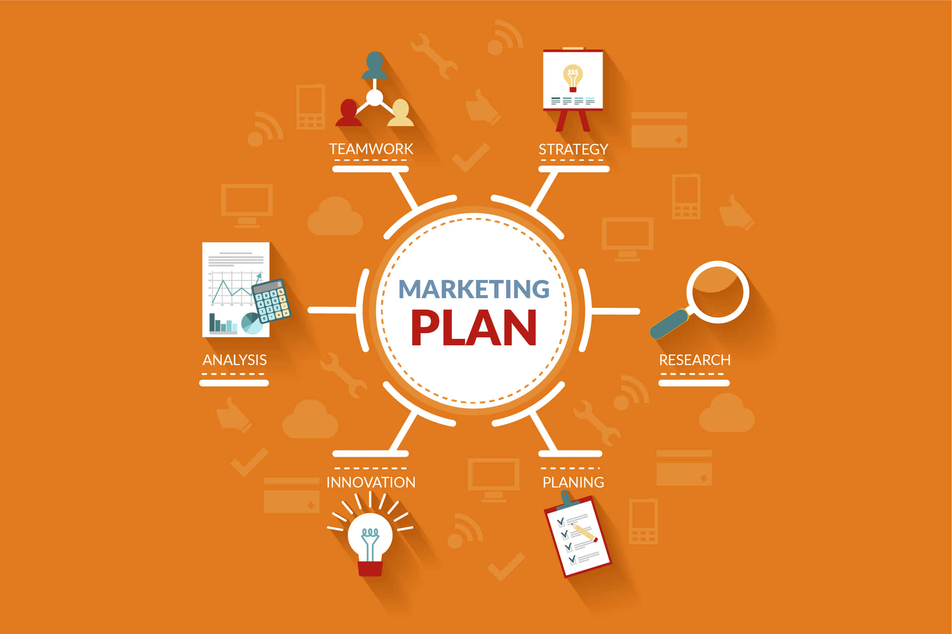 Marketing Plan With Icons On An Orange Background
