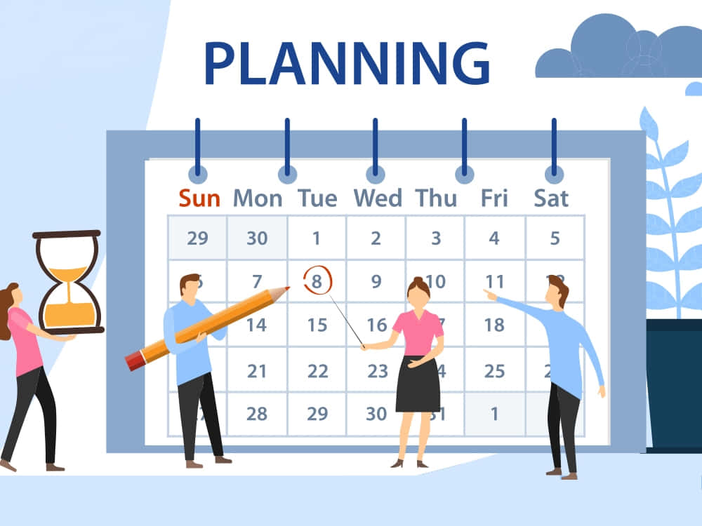 A Group Of People Standing Around A Calendar With The Word Planning