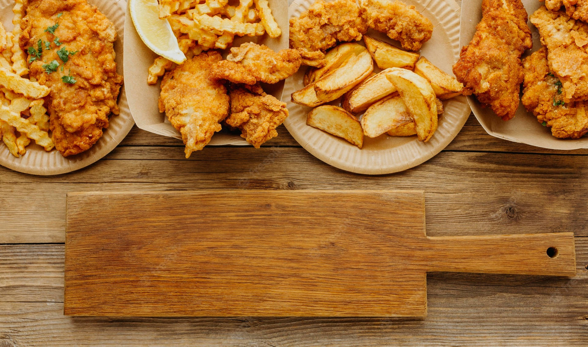 Plates And Trays Of Fish And Chips Wallpaper