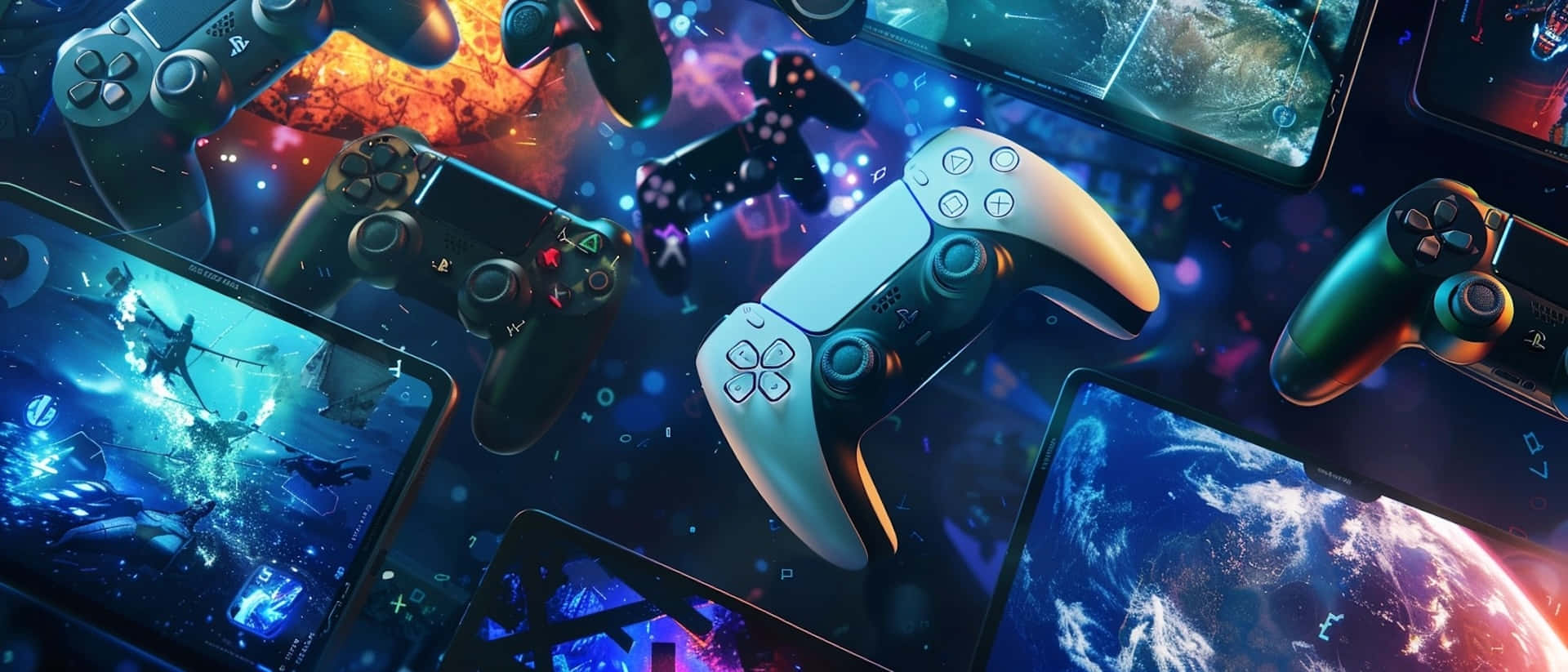 Play Station5 Controllersand Gaming Imagery Wallpaper