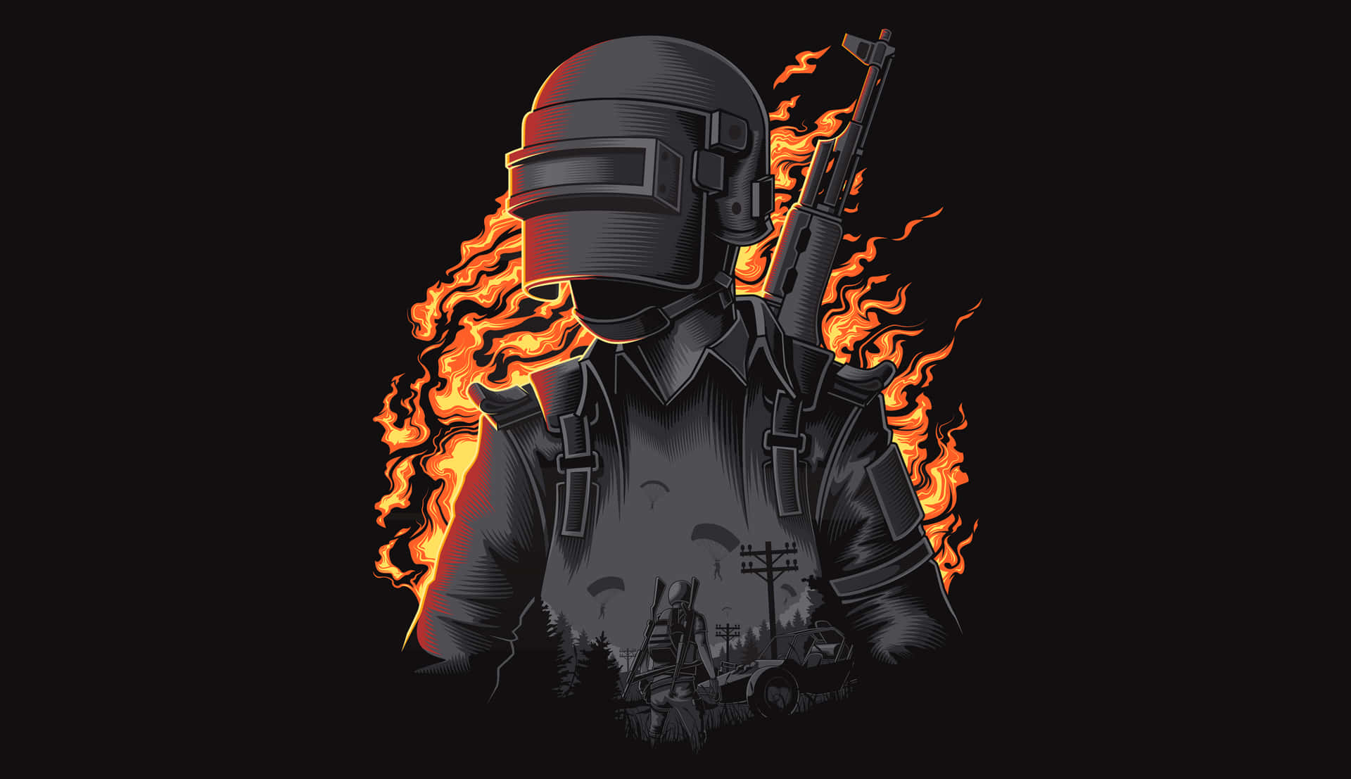 A Man With A Gun In Front Of A Fire Wallpaper