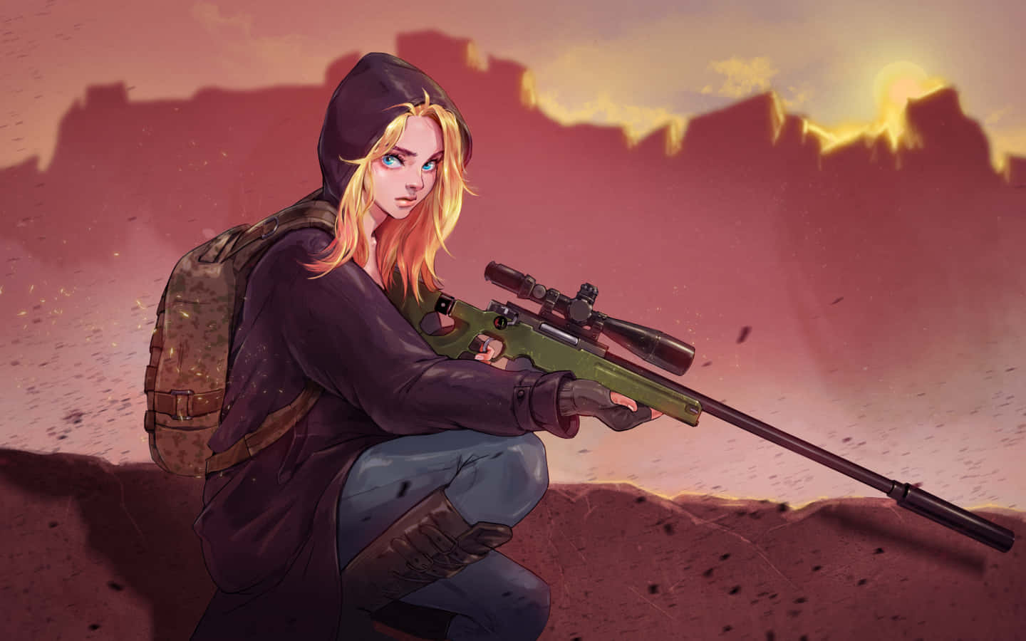 A Girl With A Rifle In Front Of A Mountain