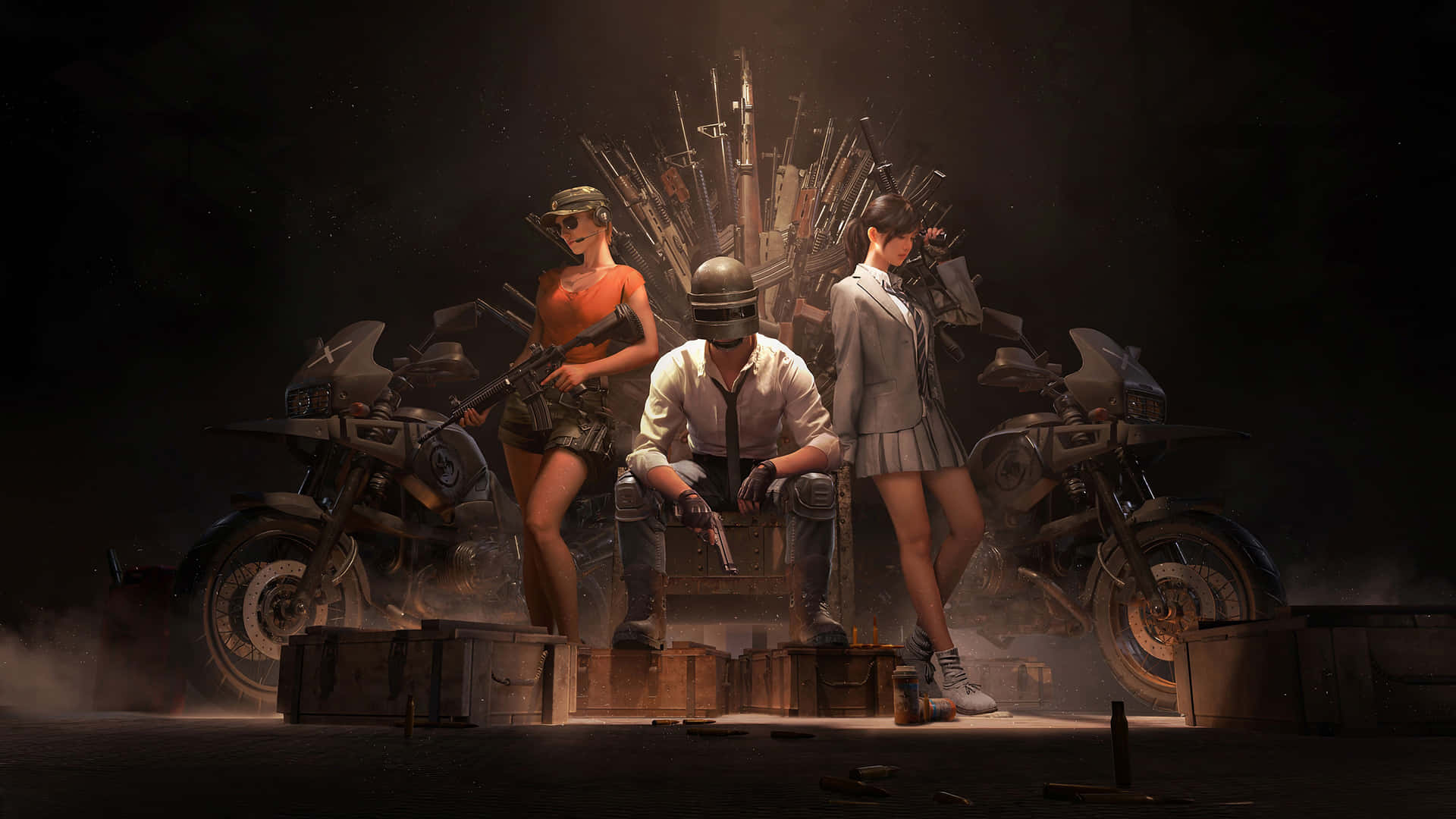 A Group Of People Sitting On A Throne With Guns