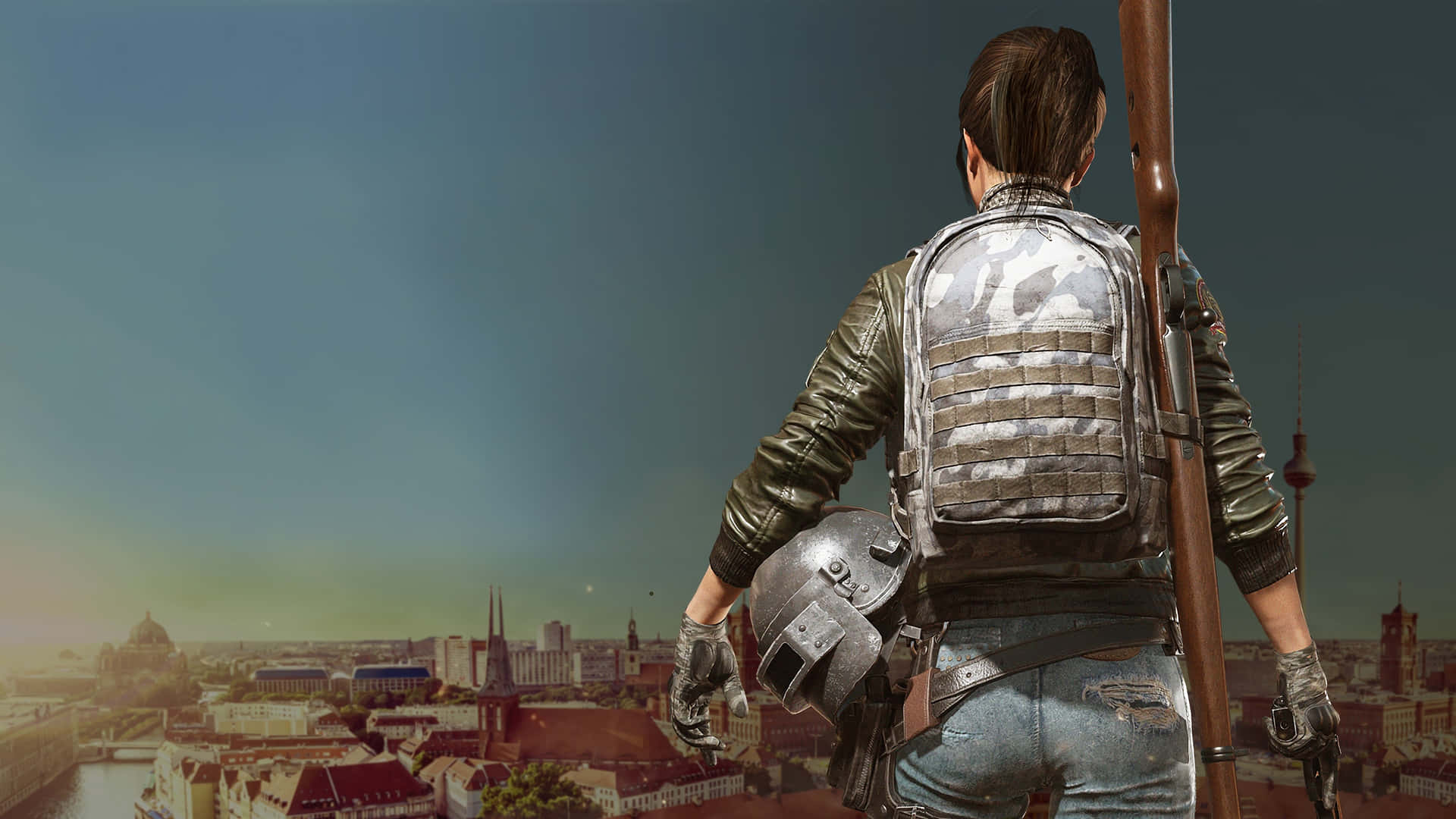 A Woman With A Backpack And A Gun Is Standing On Top Of A City