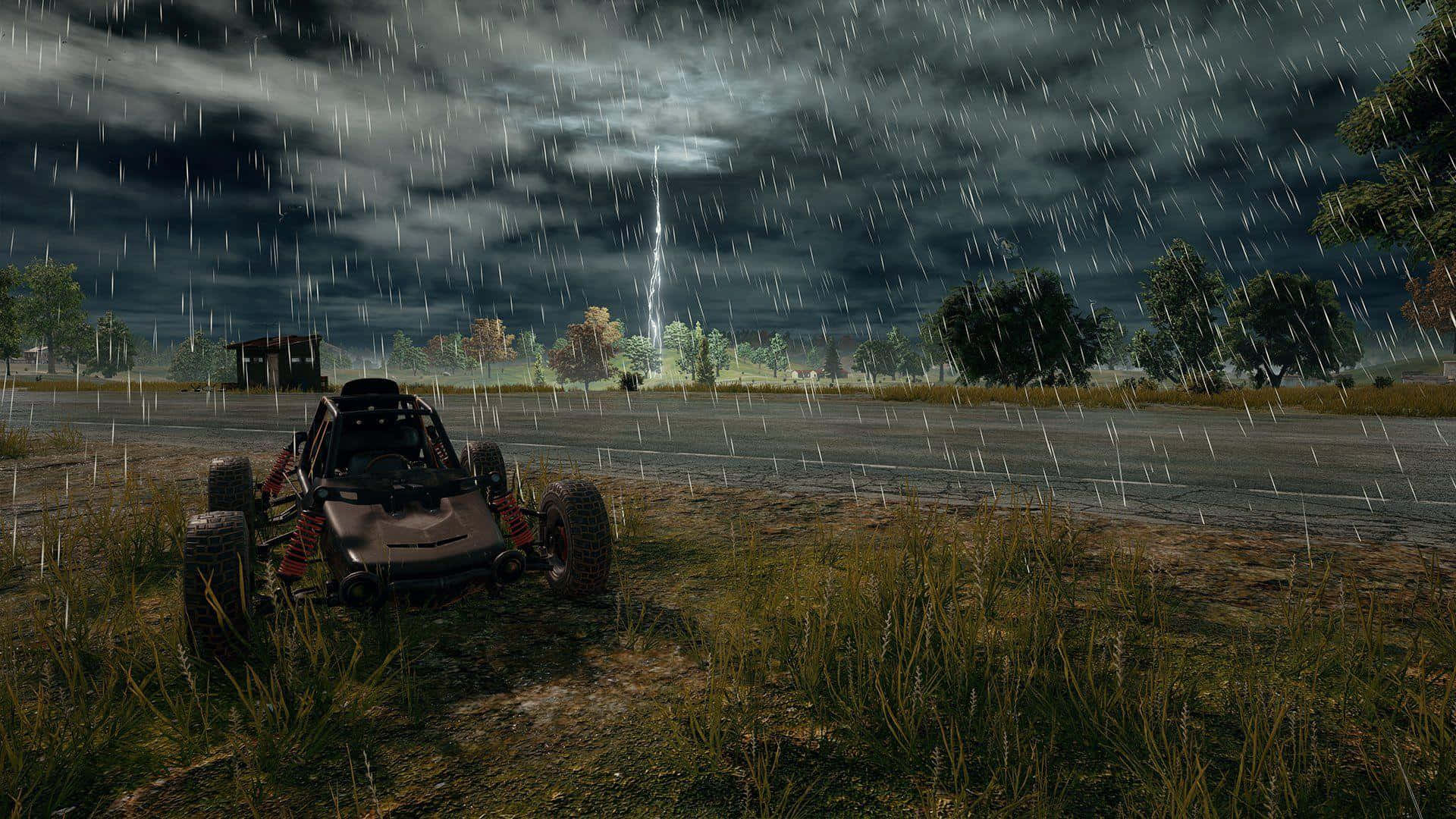 A Car Driving In The Rain In A Game Wallpaper