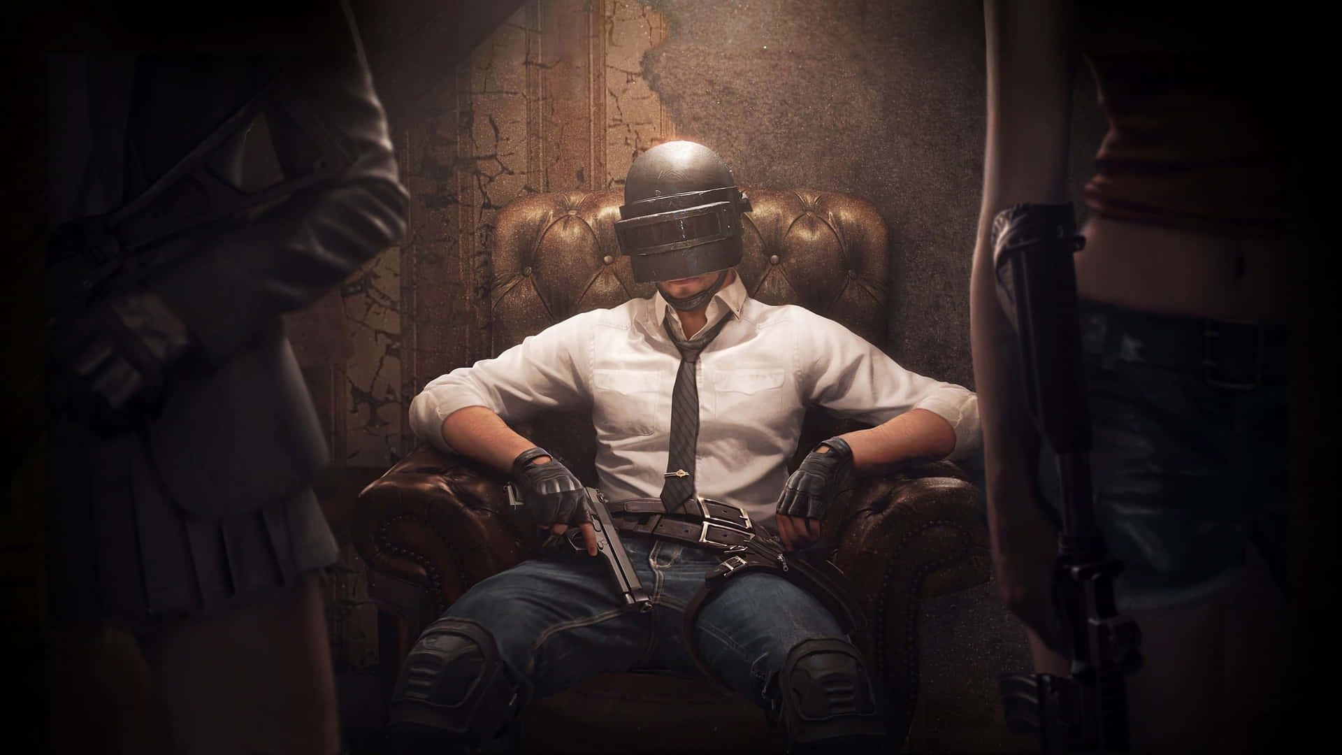 Pubgmobile - Um Homem Sentado Em Uma Cadeira Com Armas. Papel de Parede