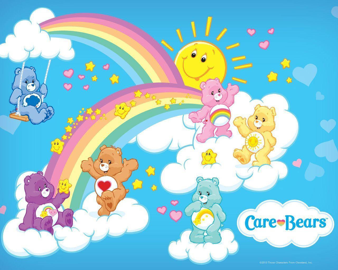 Playful Care Bears On Clouds Wallpaper