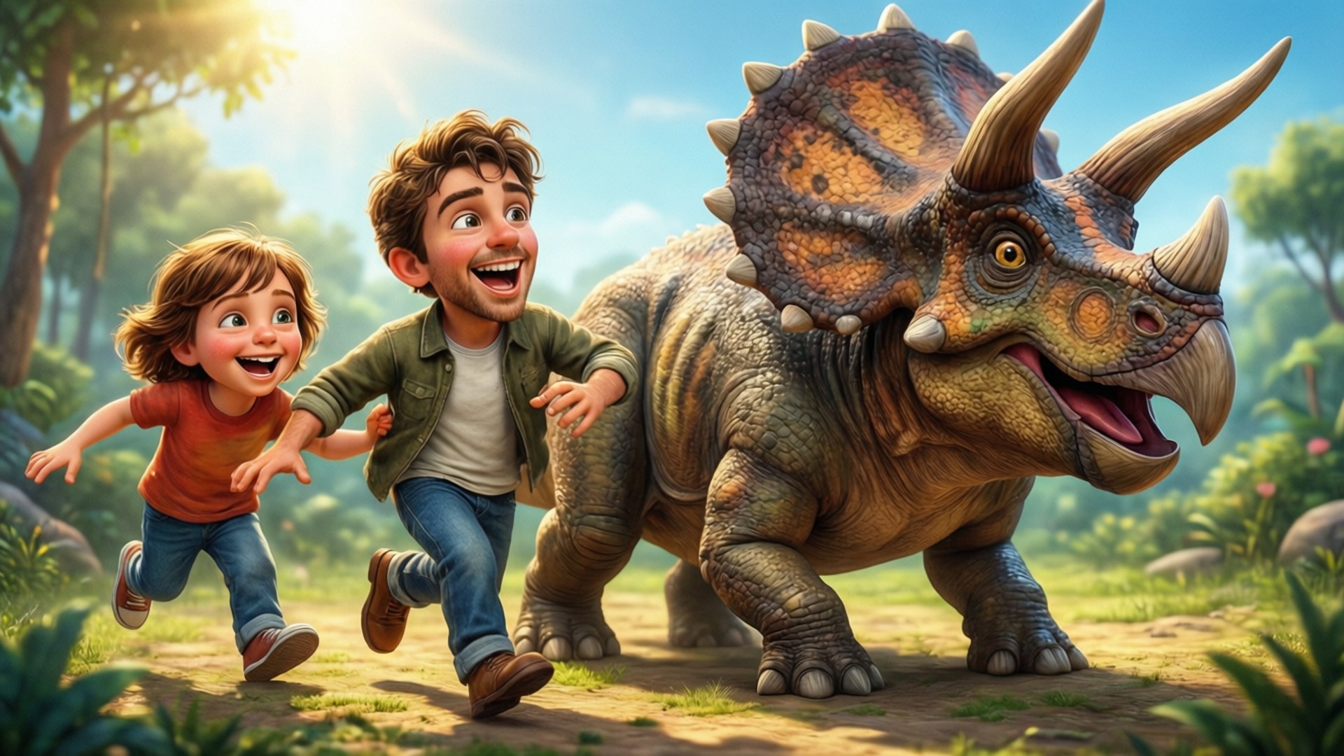 Barn blir leken jaktet av en vennlig Triceratops.