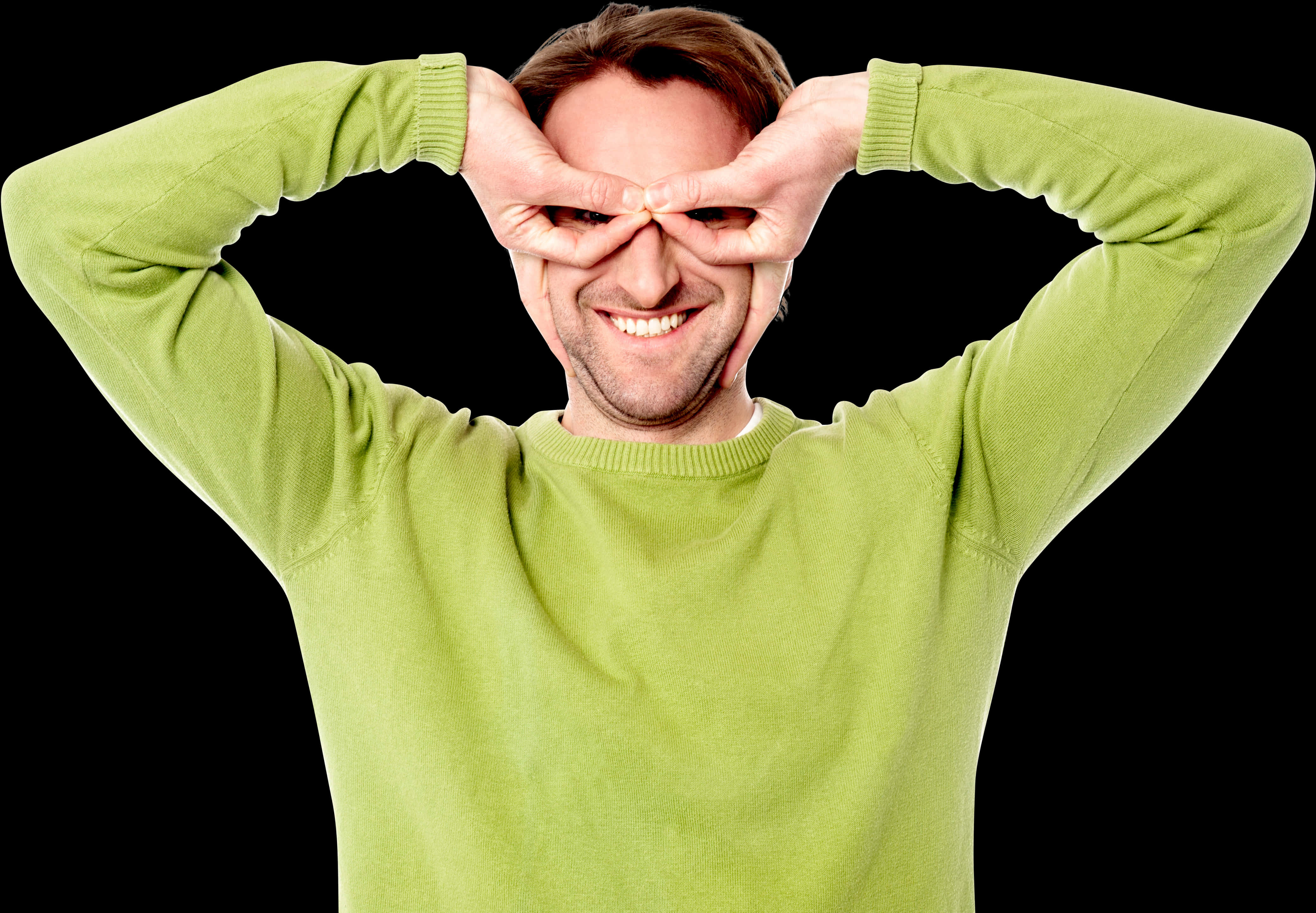 Playful Goggles Gesture Man Green Sweater PNG