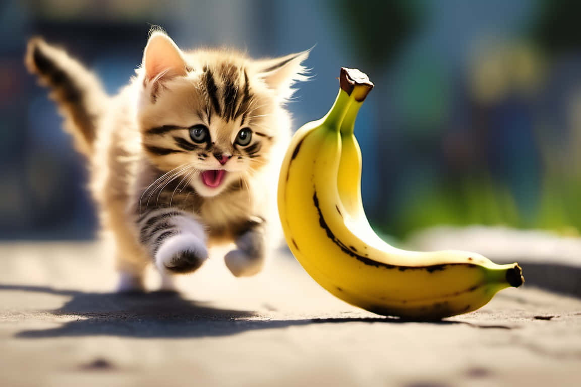 Playful Kitten Chasing Banana Wallpaper