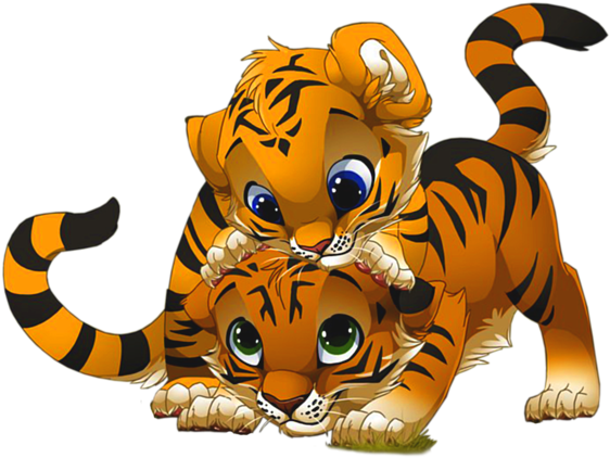Playful Tiger Cubs Cartoon PNG