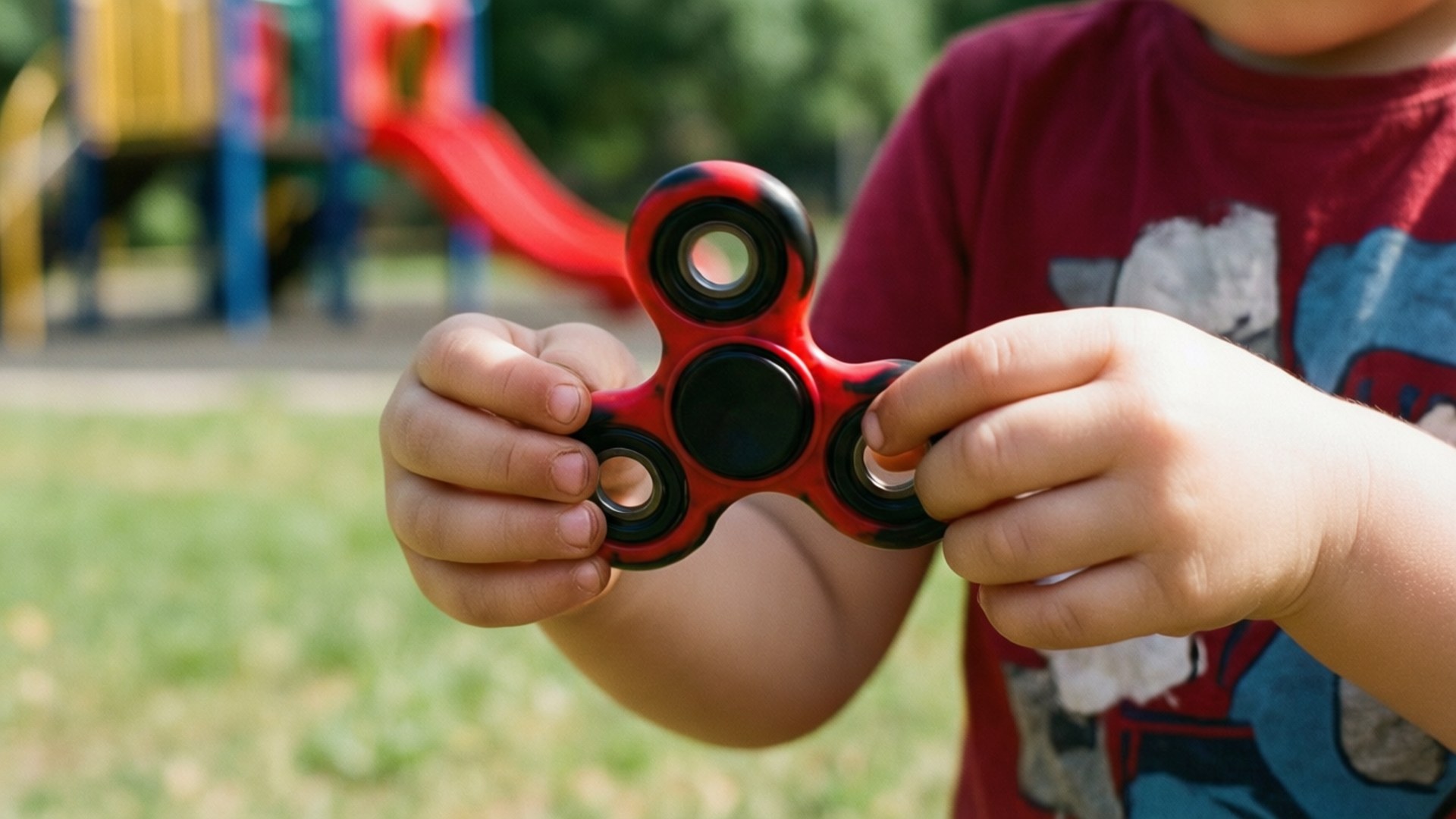 Et barn spinner en rød fidget spinner i en solrik lekeplass